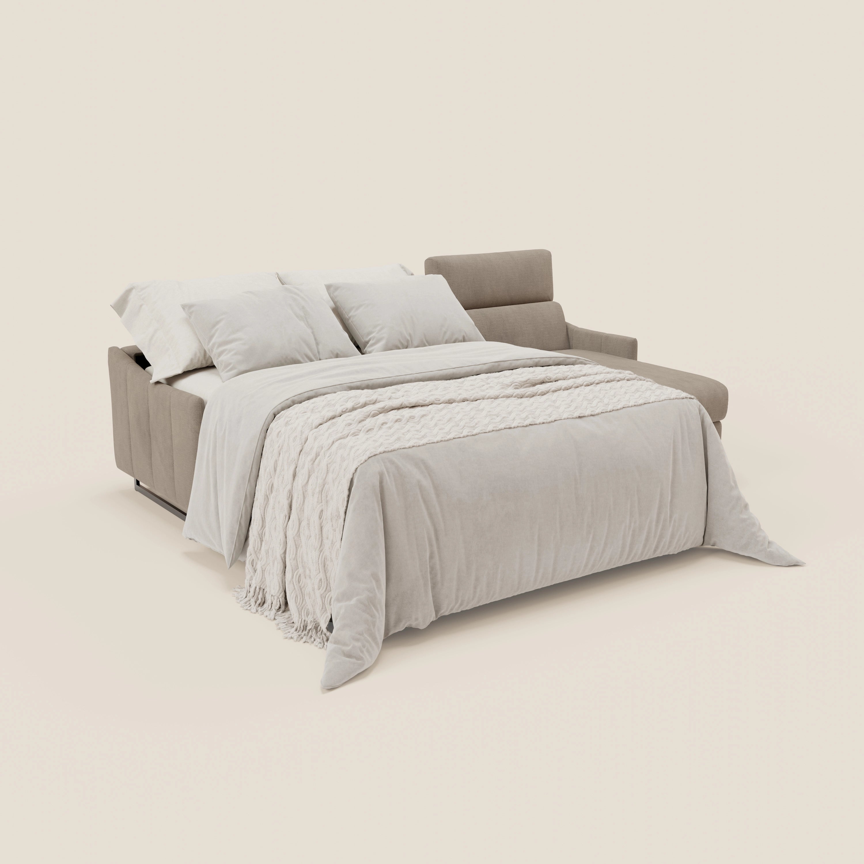 Loto Divano Letto Angolare con Penisola contenitore, Poggiatesta, Materasso Alto H18 in morbido tessuto impermeabile T14 - divani.store