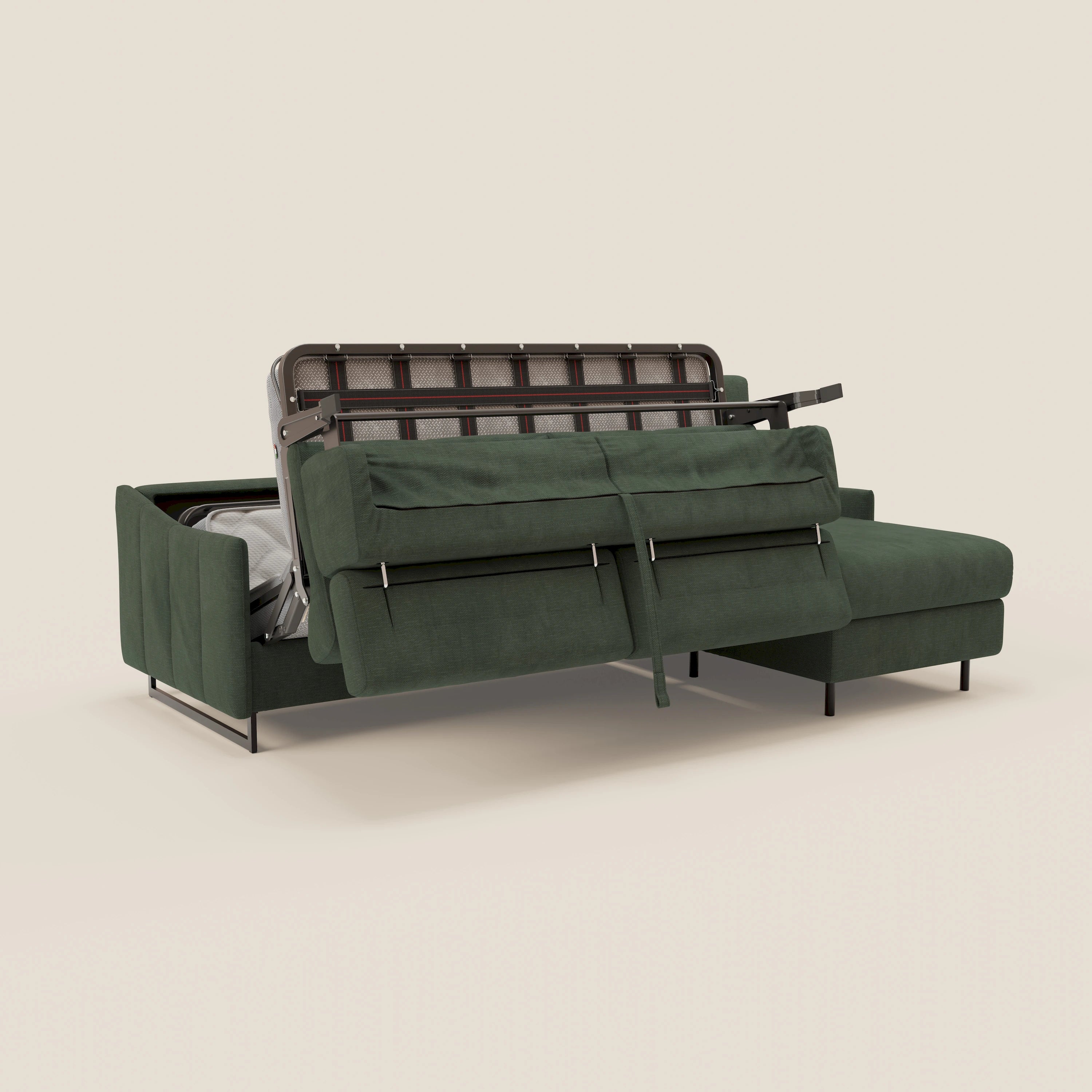 Loto Divano Letto Angolare con Penisola contenitore, Poggiatesta, Materasso Alto H18 in morbido tessuto impermeabile T14 - divani.store