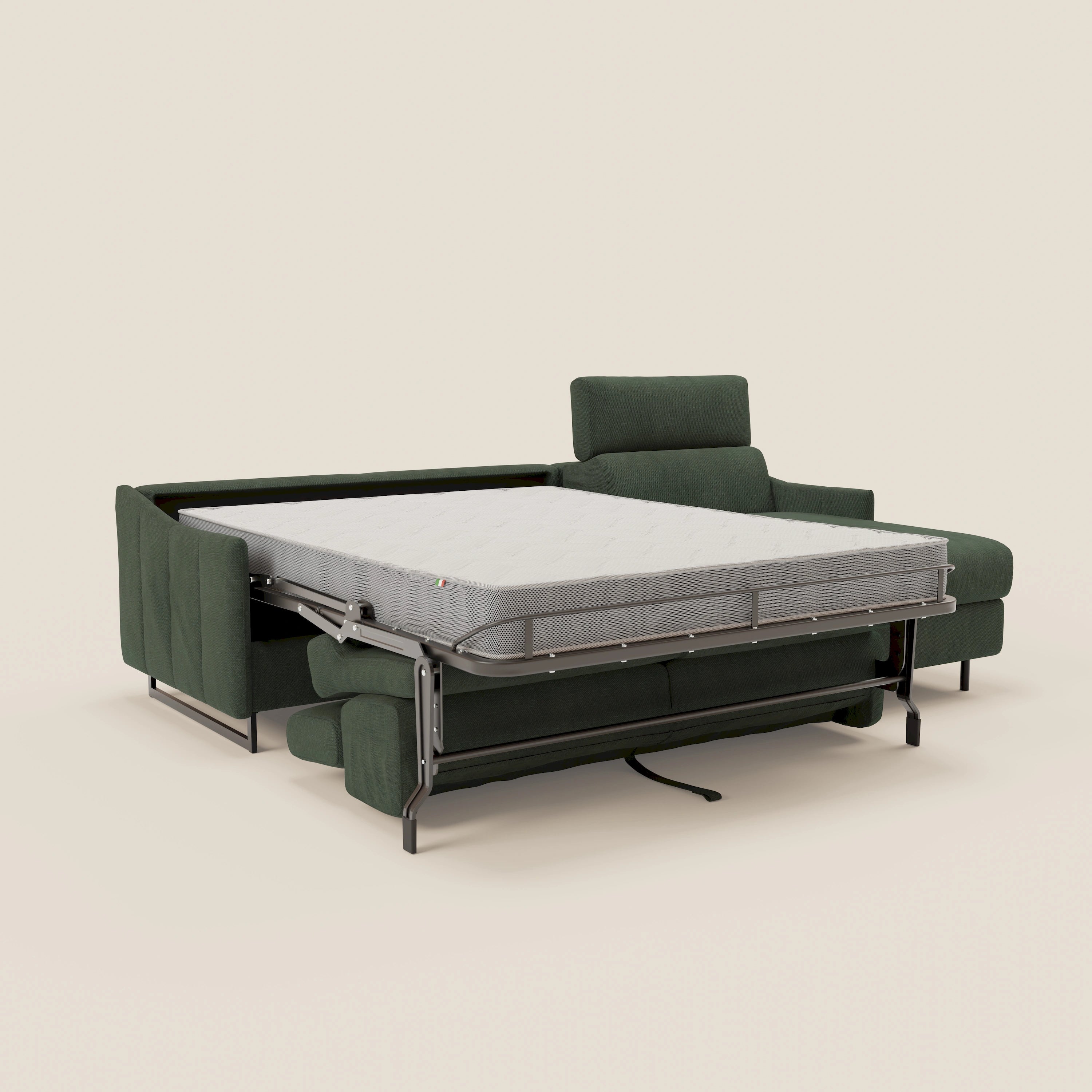 Loto Divano Letto Angolare con Penisola contenitore, Poggiatesta, Materasso Alto H18 in morbido tessuto impermeabile T14 - divani.store