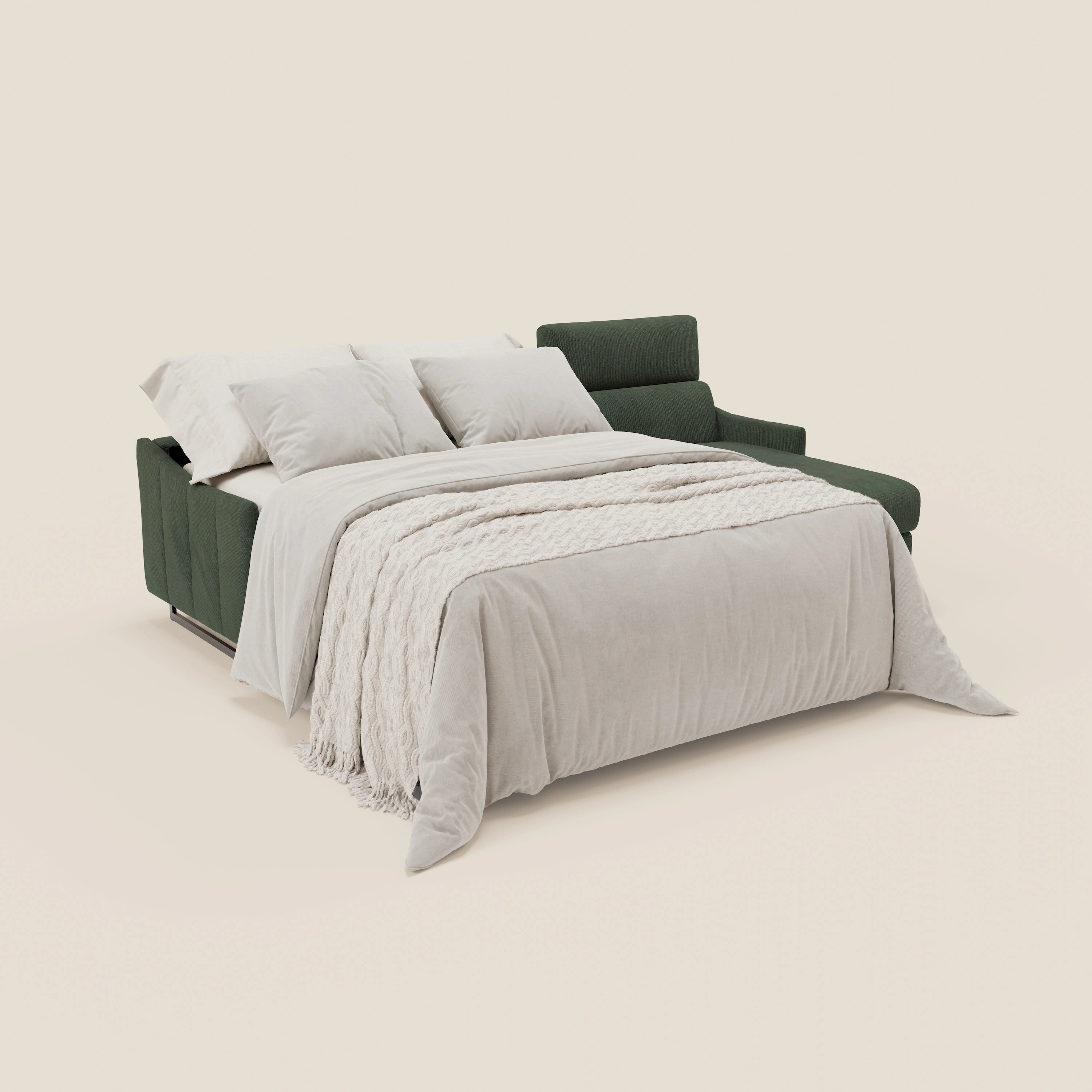 Loto Divano Letto Angolare con Penisola contenitore, Poggiatesta, Materasso Alto H18 in morbido tessuto impermeabile T14 - divani.store