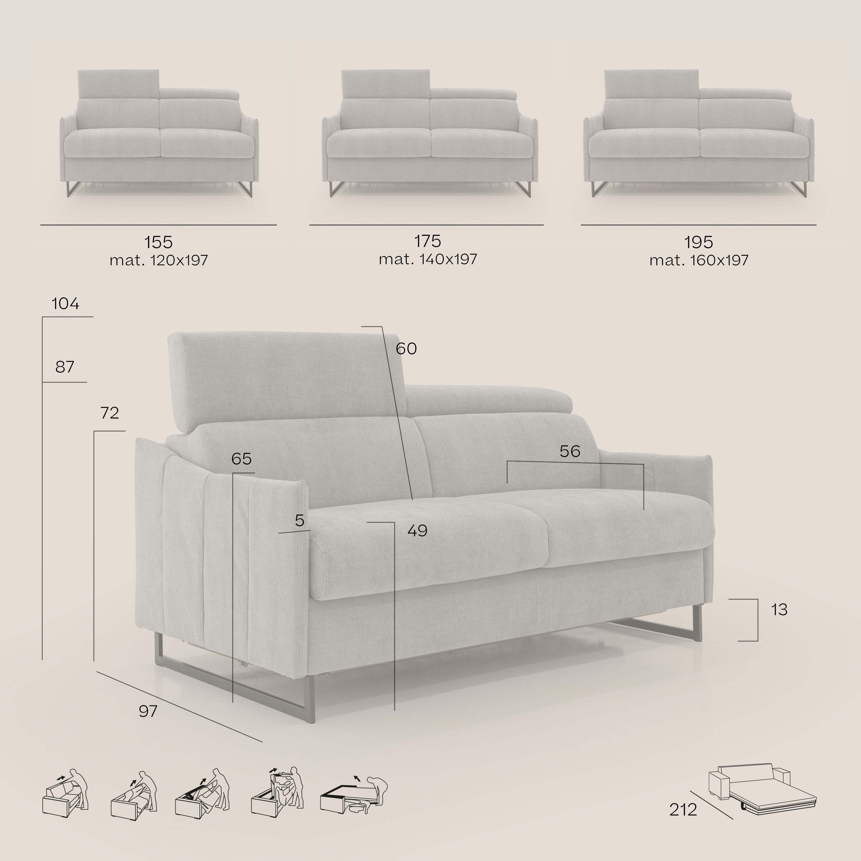 Loto divano letto salvaspazio materasso H18 cm con piedi alti in morbido tessuto impermeabile T14 grigio - divani.store