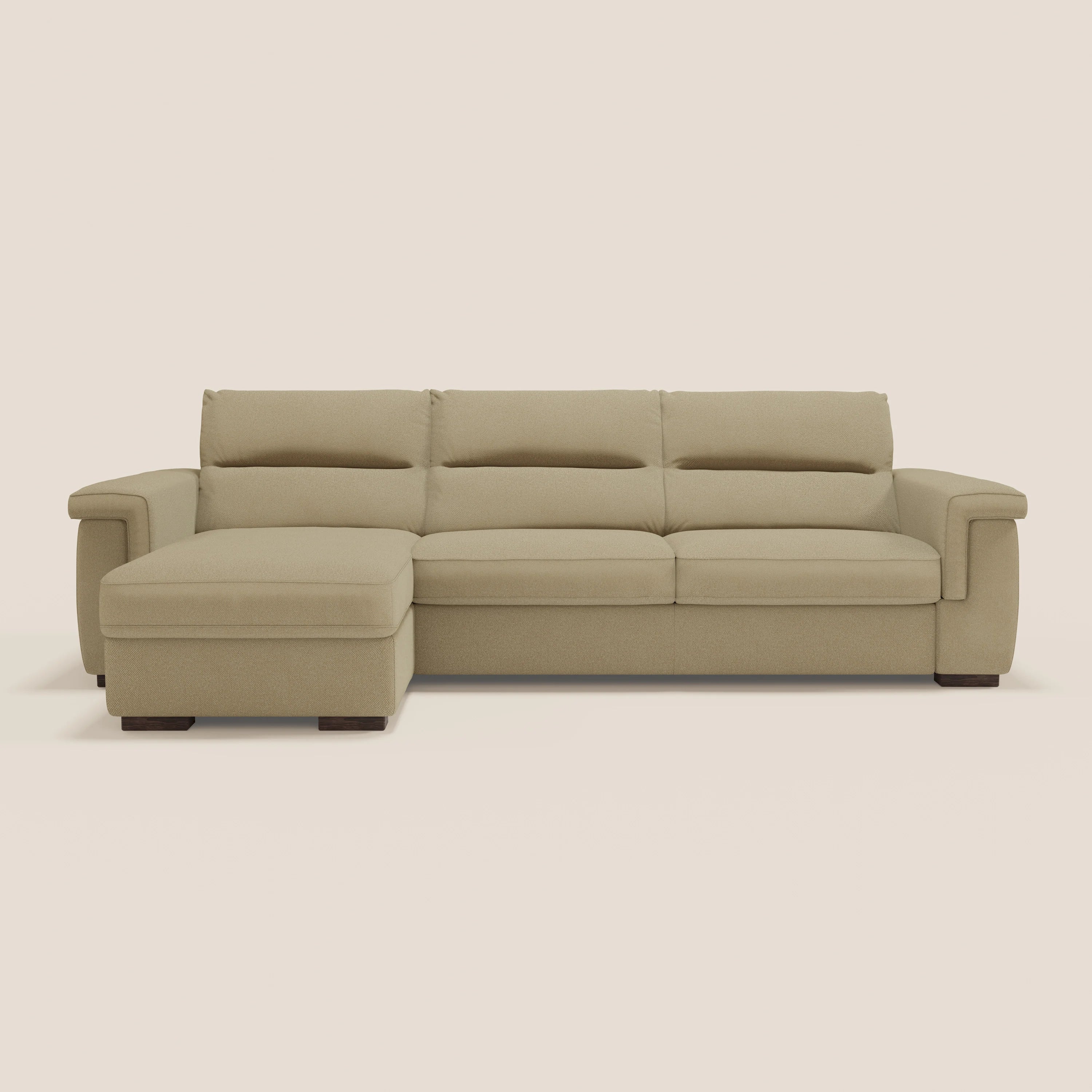 Magnolia Ecksofa mit Halbinsel und Stauraum – Matratze H18 cm aus abwaschbarem Stoff T05 kamel