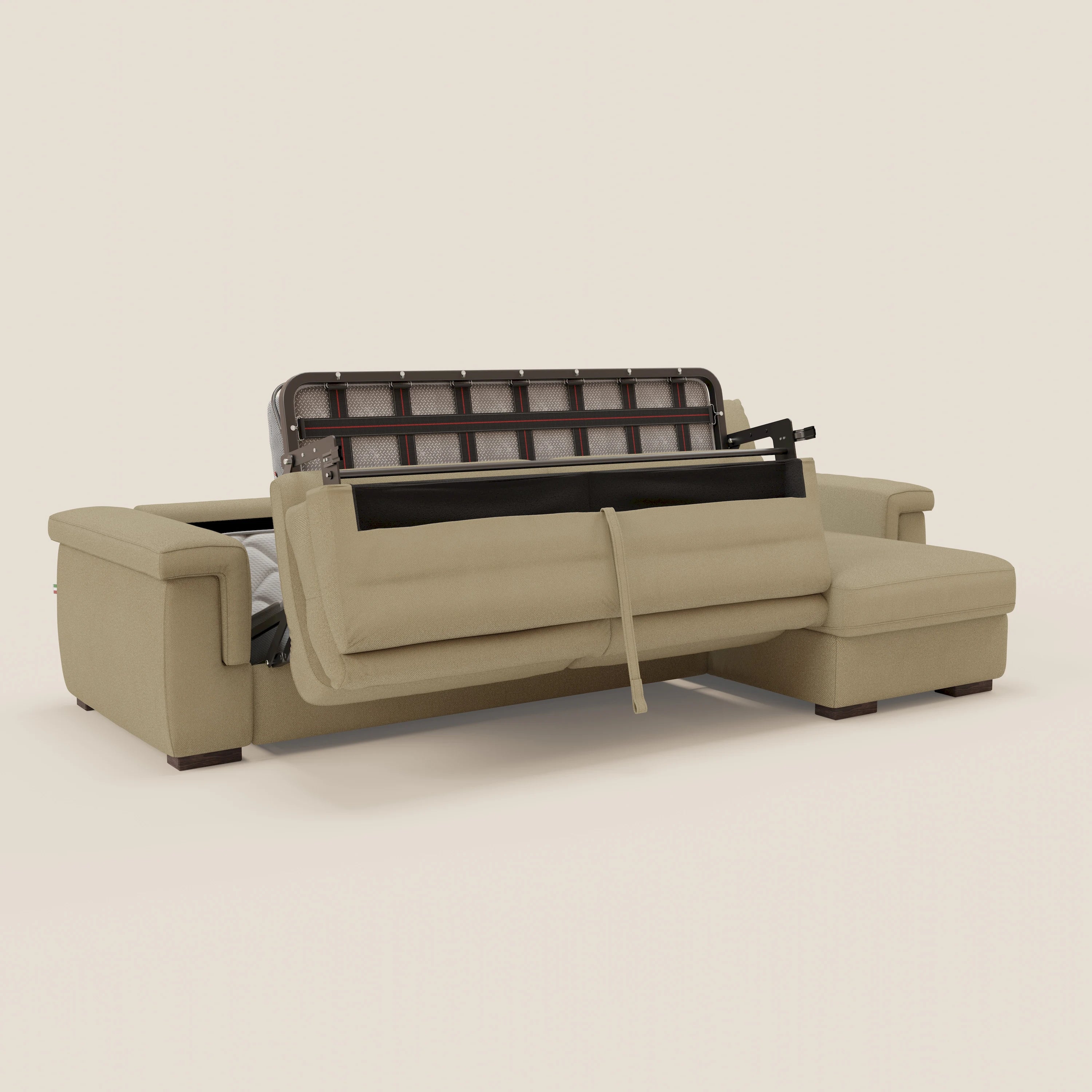 Magnolia Ecksofa mit Halbinsel und Stauraum – Matratze H18 cm aus abwaschbarem Stoff T05 kamel