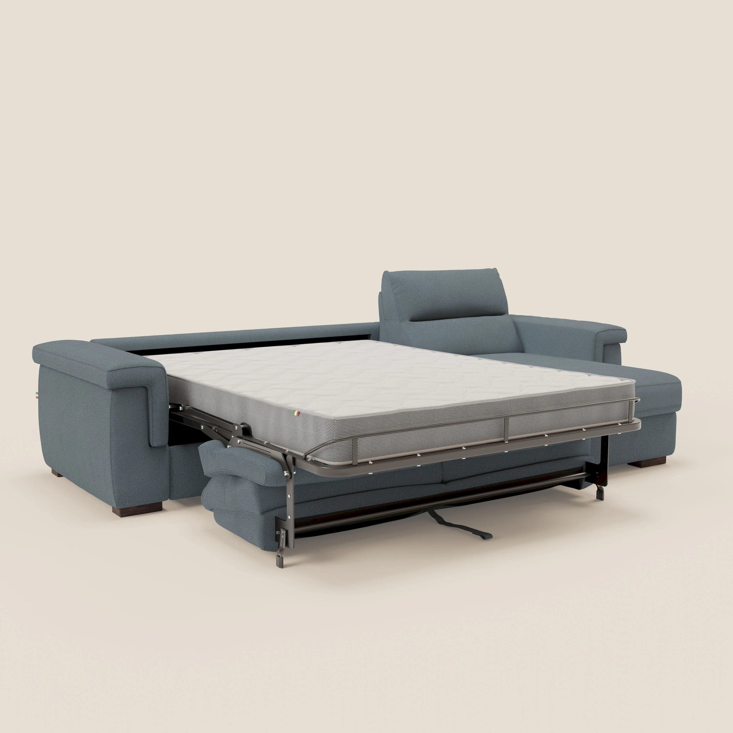 Magnolia Ecksofa mit Halbinsel und Stauraum – Matratze H18 cm aus abwaschbarem Stoff T05 baby blau