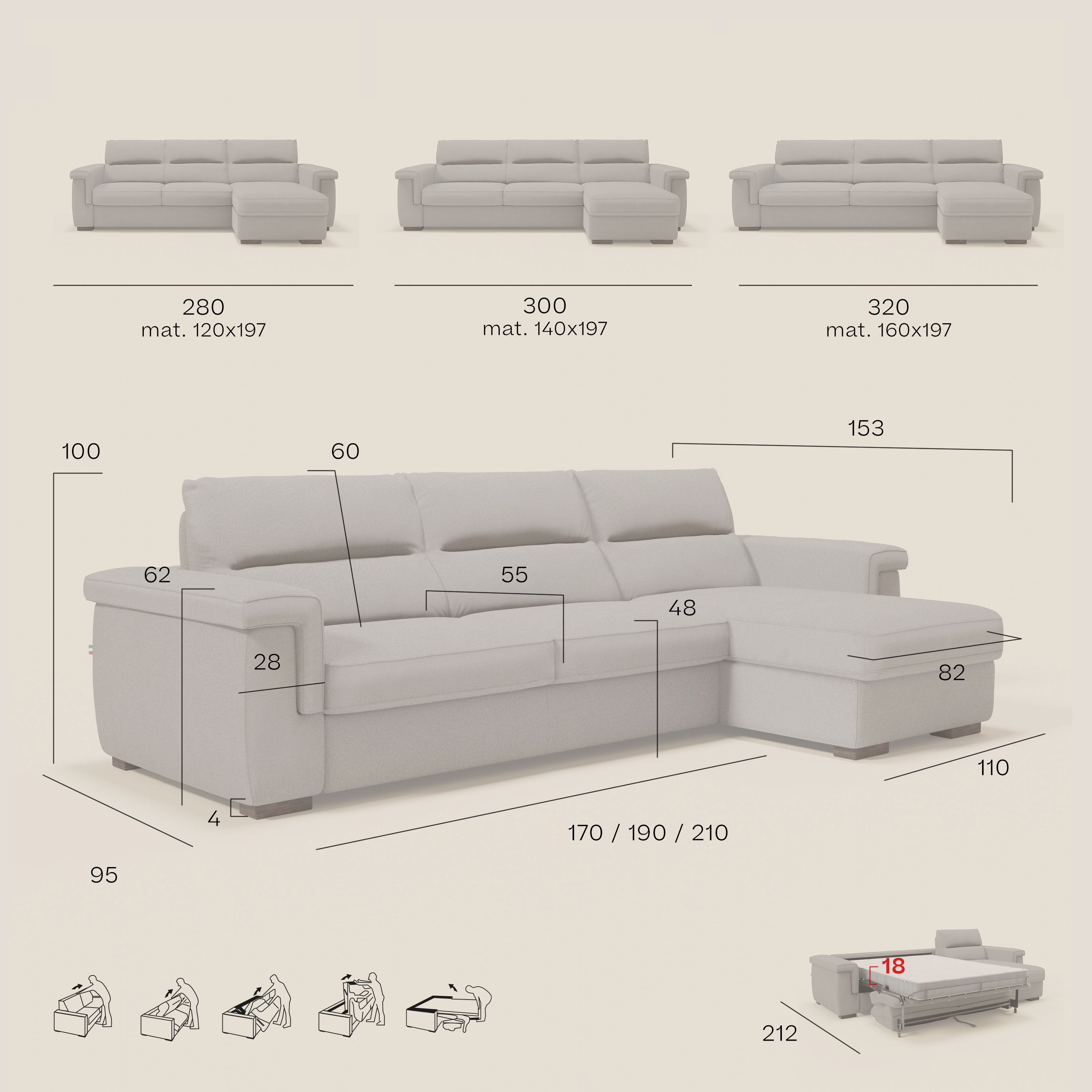 Magnolia Ecksofa mit Halbinsel und Stauraum – Matratze H18 cm aus abwaschbarem Stoff T05 baby blau
