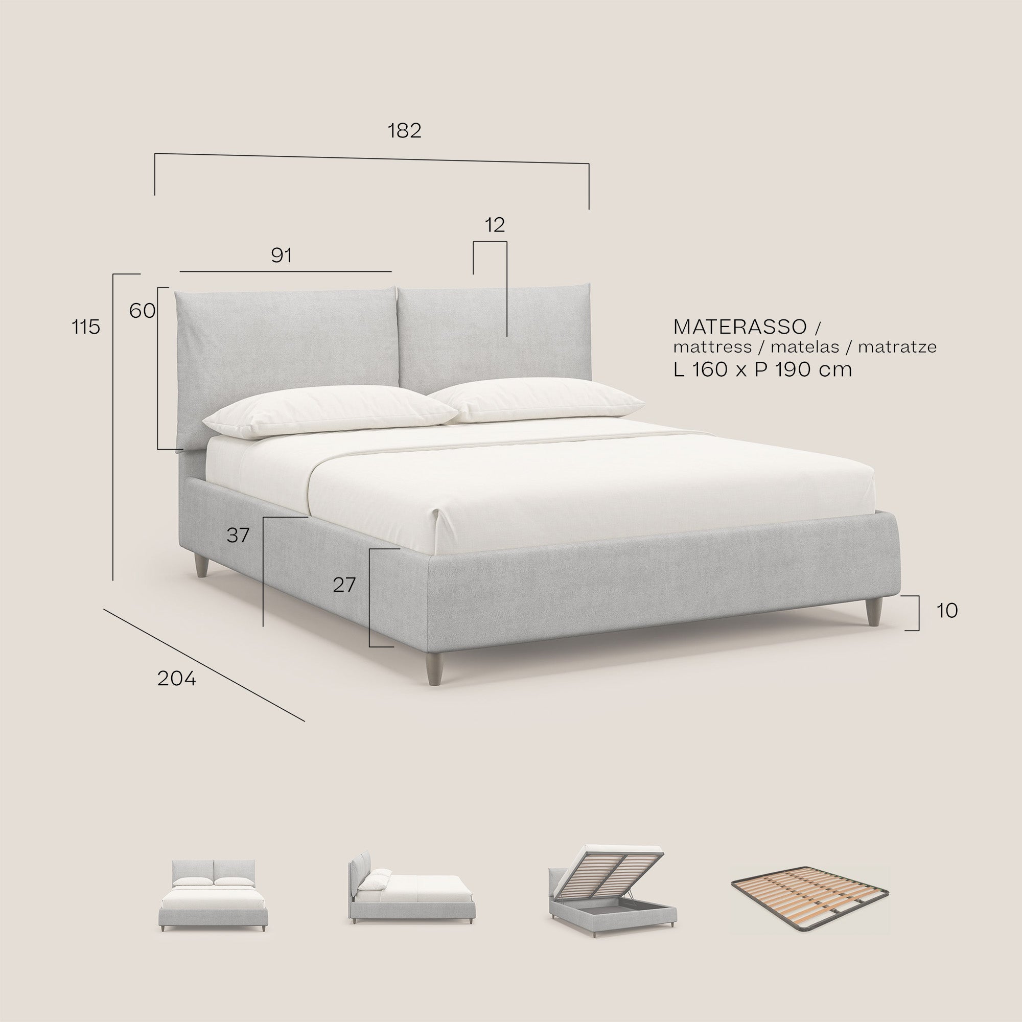 Mariana letto imbottito contenitore con cuscini in tessuto impermeabile T02 blu - divani.store