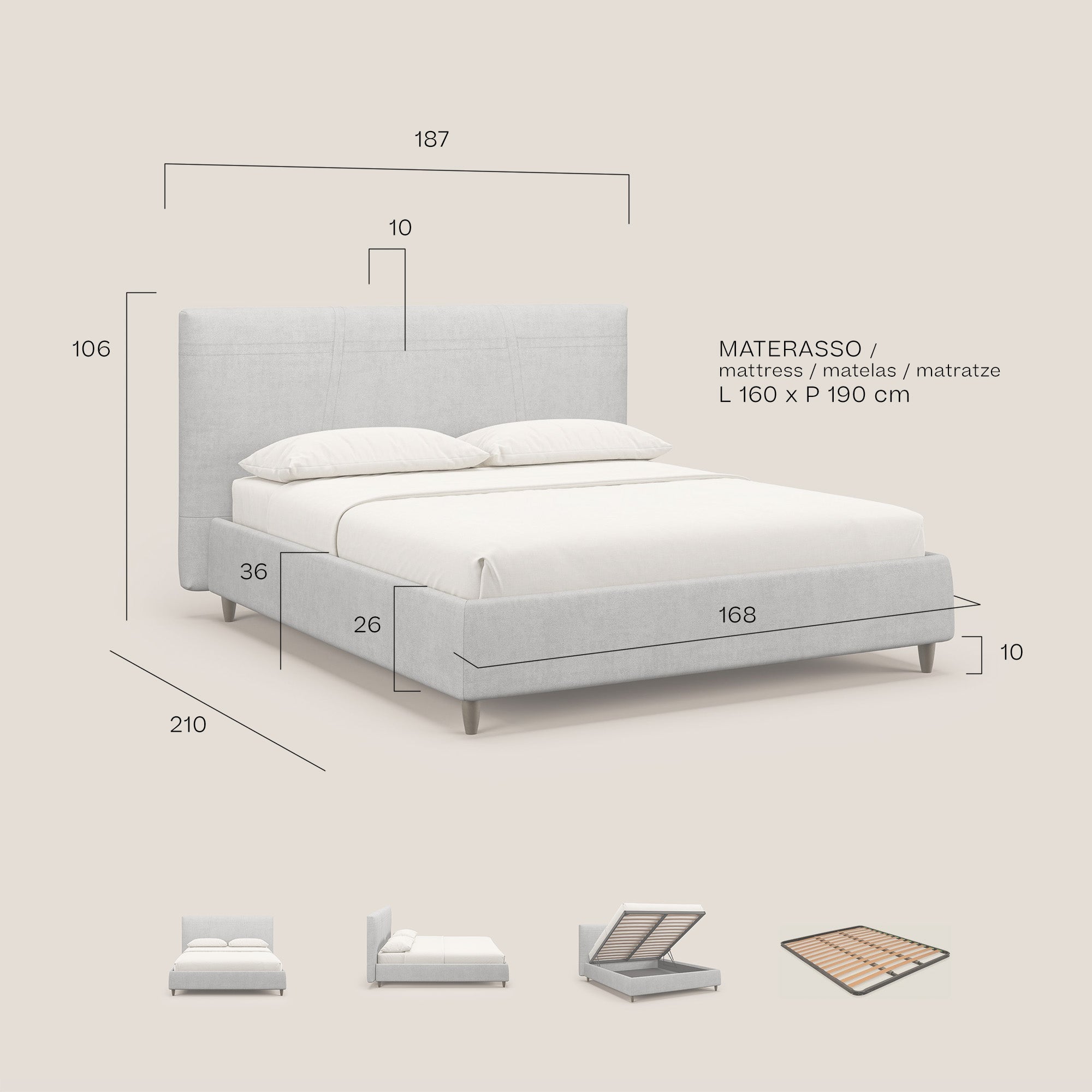 Martina letto imbottito contenitore in tessuto impermeabile T02 nero - divani.store