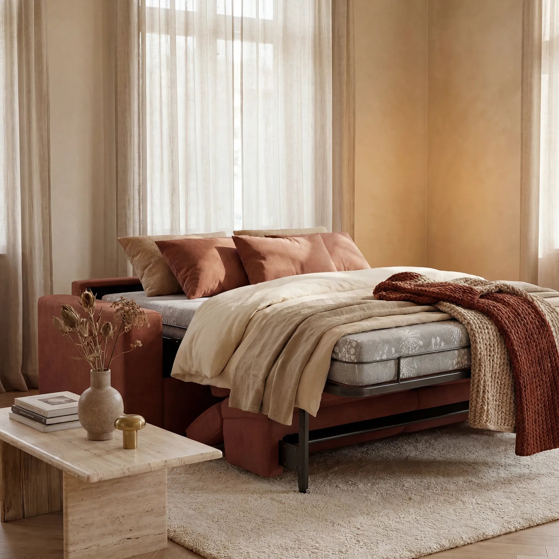 Un'accogliente camera da letto dai toni del marrone e del beige, arredata con il divano letto Maximus a 3 posti e materasso ALTO 20 cm di Divani.Store, cuscini marroni, un soffice piumone beige, una coperta in maglia color ruggine, tende trasparenti, un morbido tappeto, un tavolino in marmo, libri e fiori secchi.