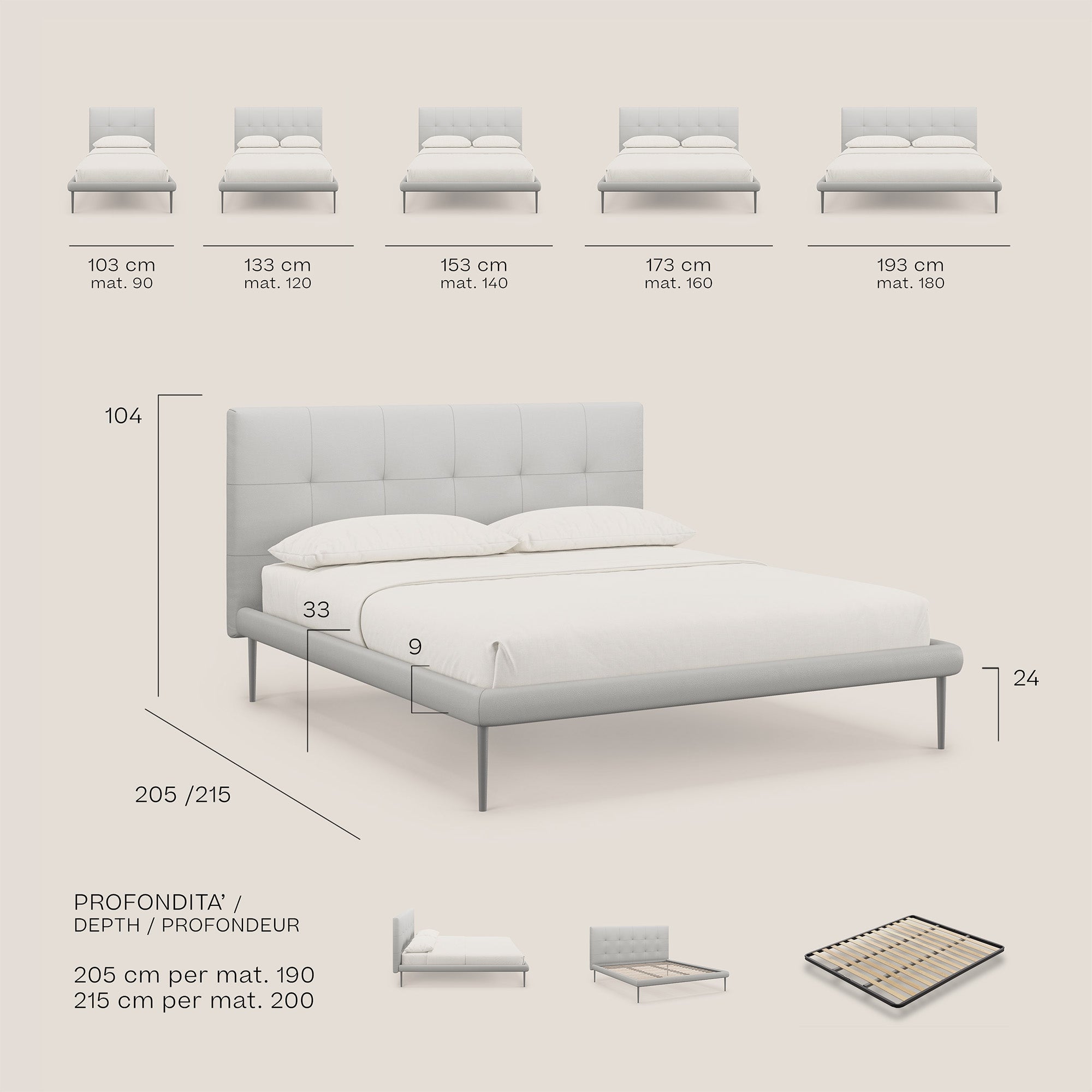 Midori letto imbottito trapuntato in ecopelle con piedini alti T04 bianco - divani.store