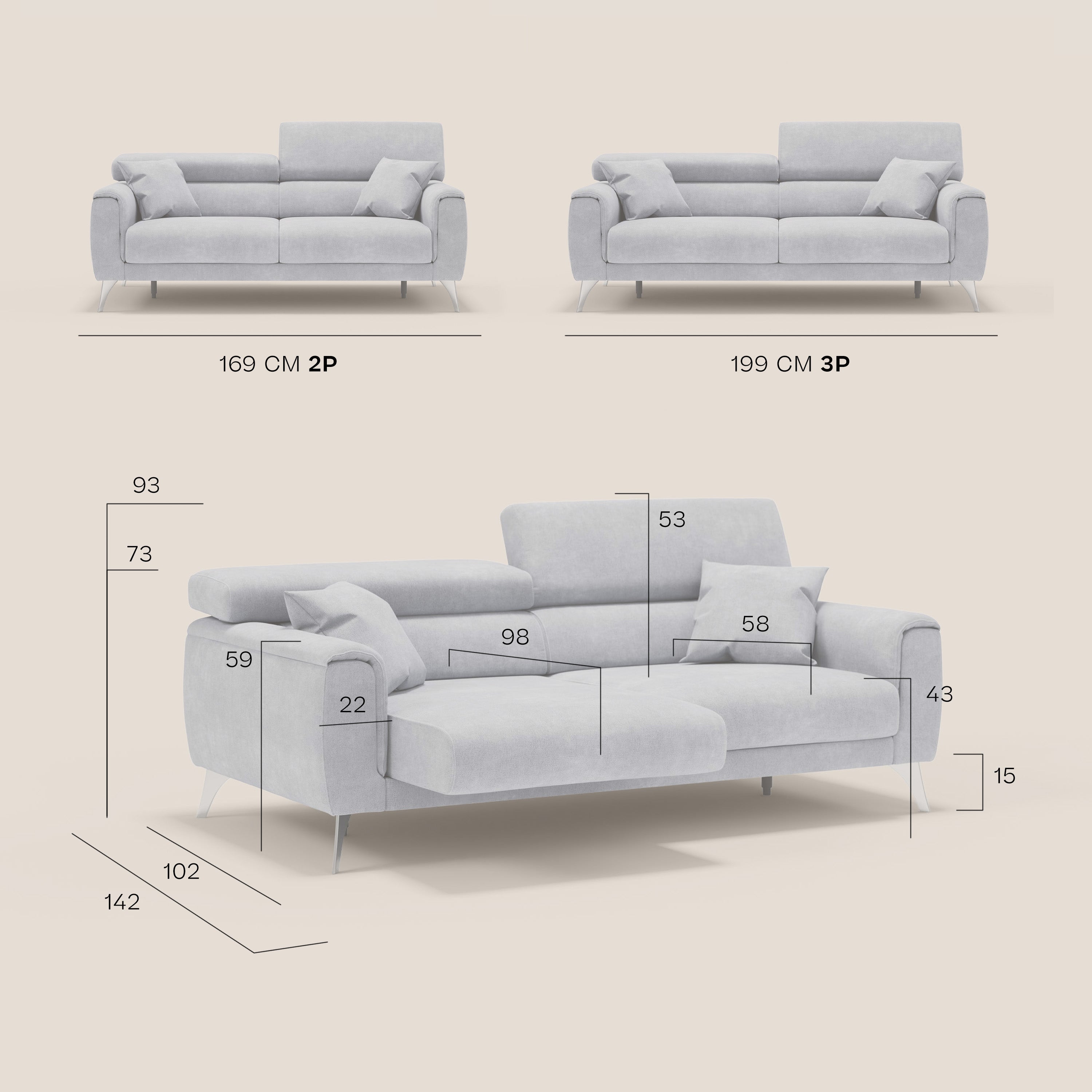 Caravaggio divano con sedute allungabili e poggiatesta reclinabili in tessuto impermeabile T02 - divani.store