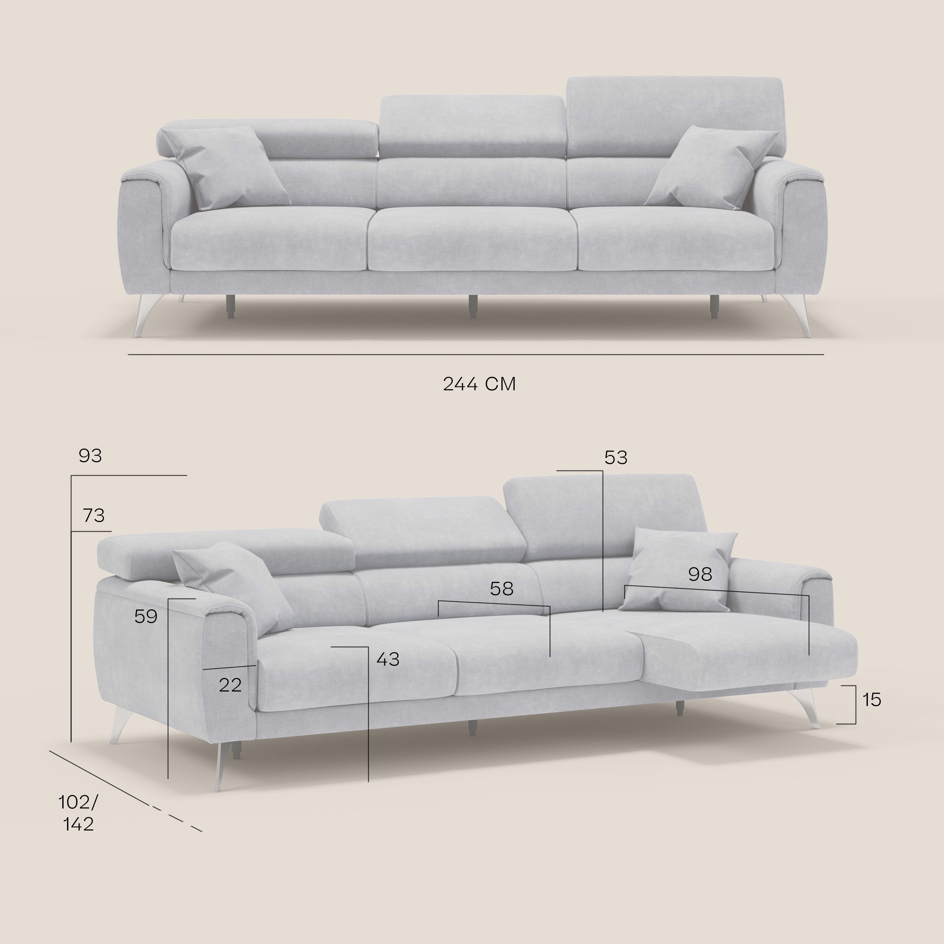 Caravaggio divano con 3 sedute allungabili indipendenti e poggiatesta reclinabili in tessuto impermeabile T02 beige - divani.store