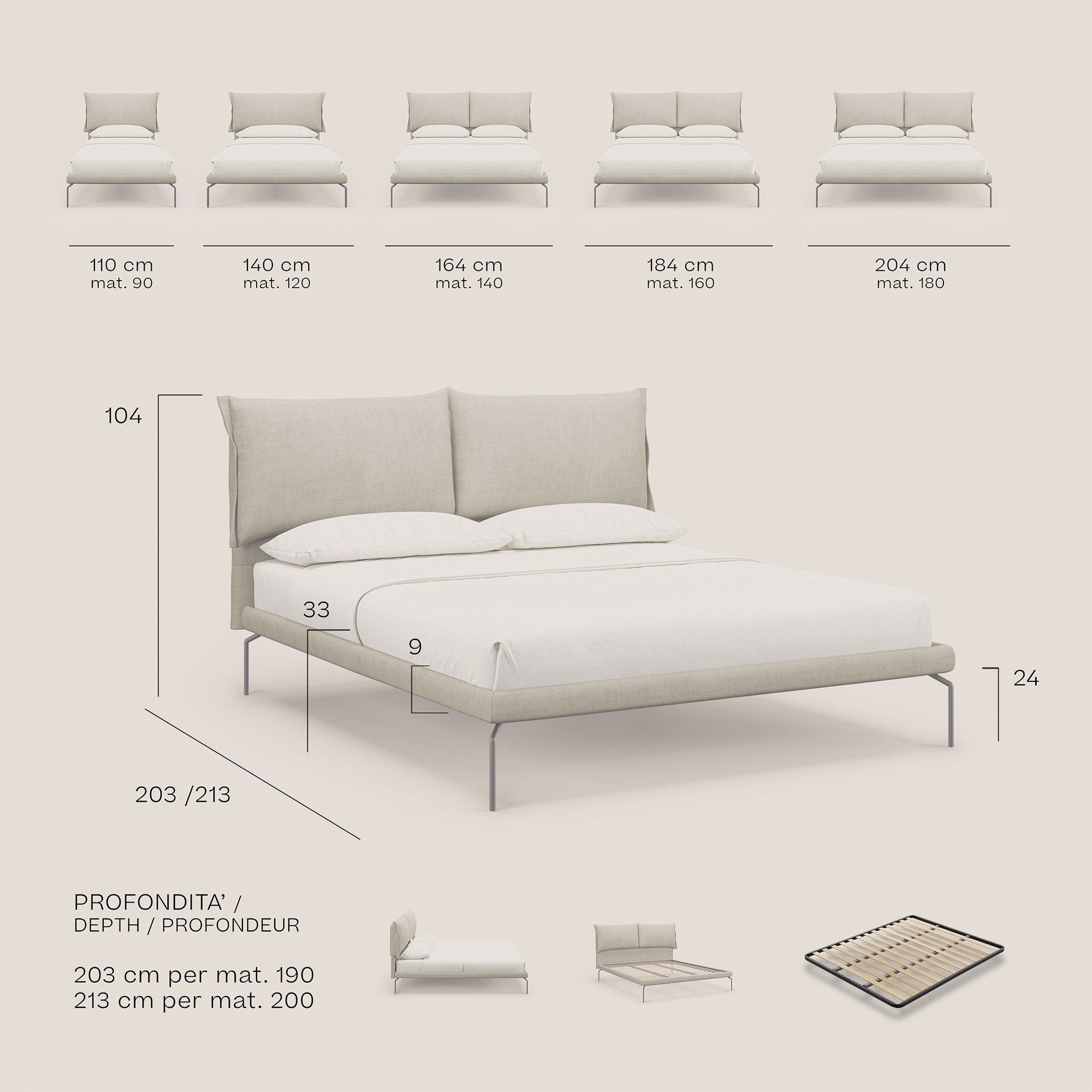 Bice letto imbottito con cuscini e piedi alti in metallo in tessuto impermeabile T02 rosa - divani.store