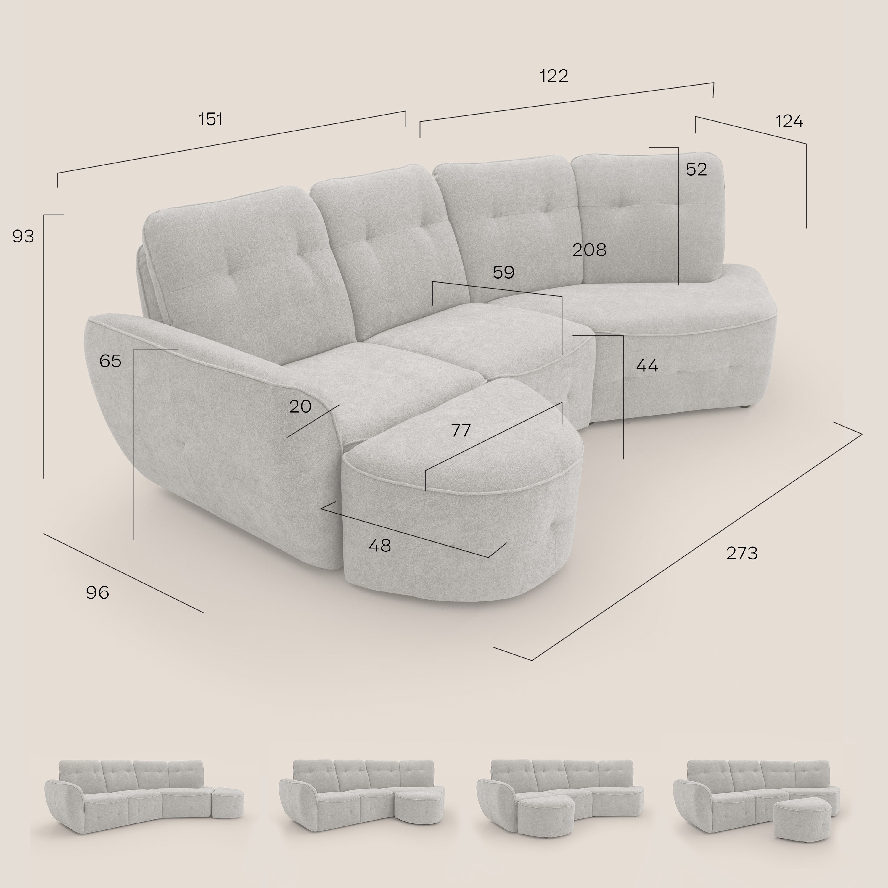 Cerbero divano angolare con pouf mobile in morbido bouclé impermeabile T07 blu - divani.store