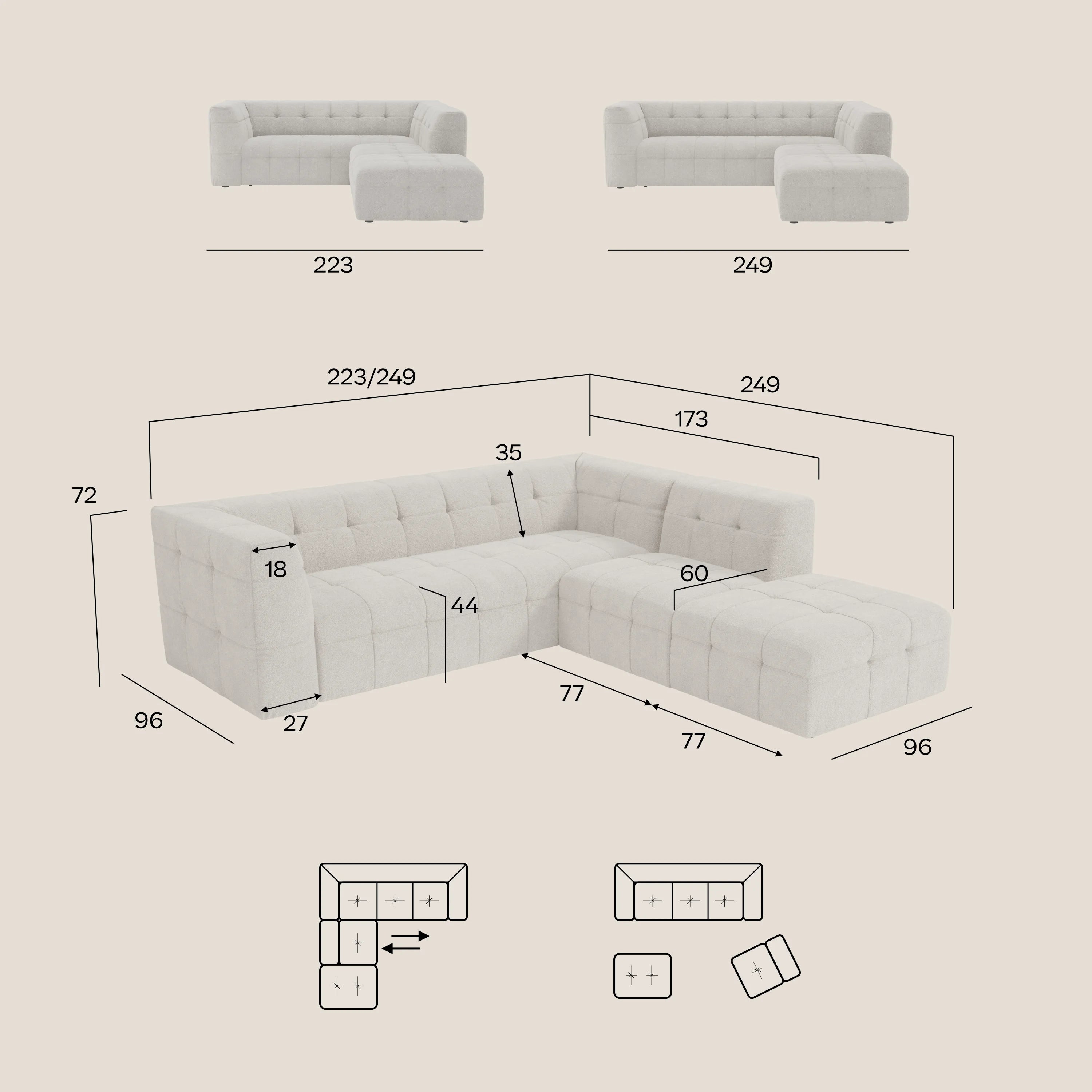 Il divano angolare Mosaic componibile e modulare in bouclé di Divani.Store, capitonné e realizzato in tessuto smacchiabile T21 beige chiaro, è mostrato con misure dettagliate e diverse configurazioni che ne evidenziano la versatilità.