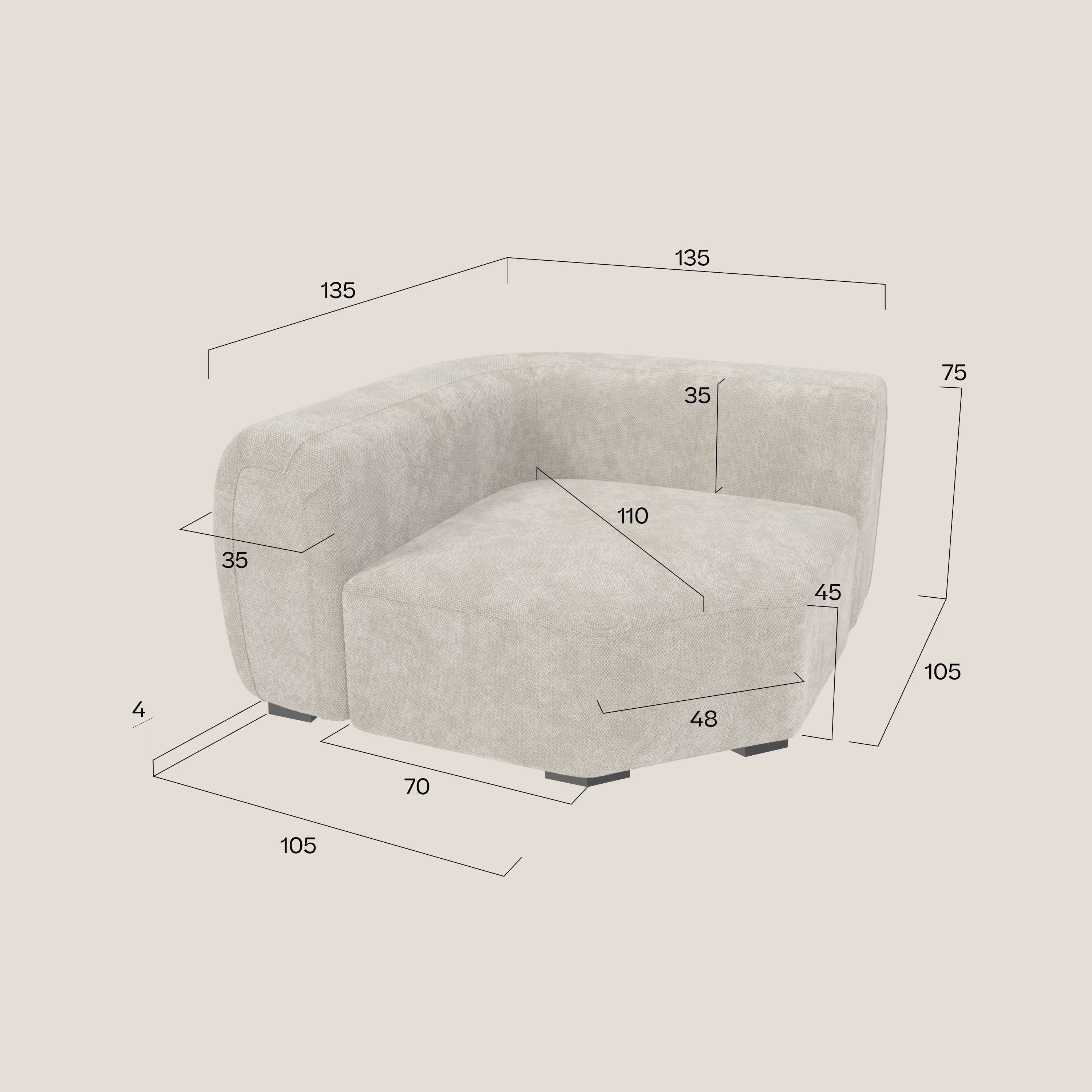 Eckmodul Bonbon – Modernes modulares Sofa aus wasserfestem Stoff T23 creme