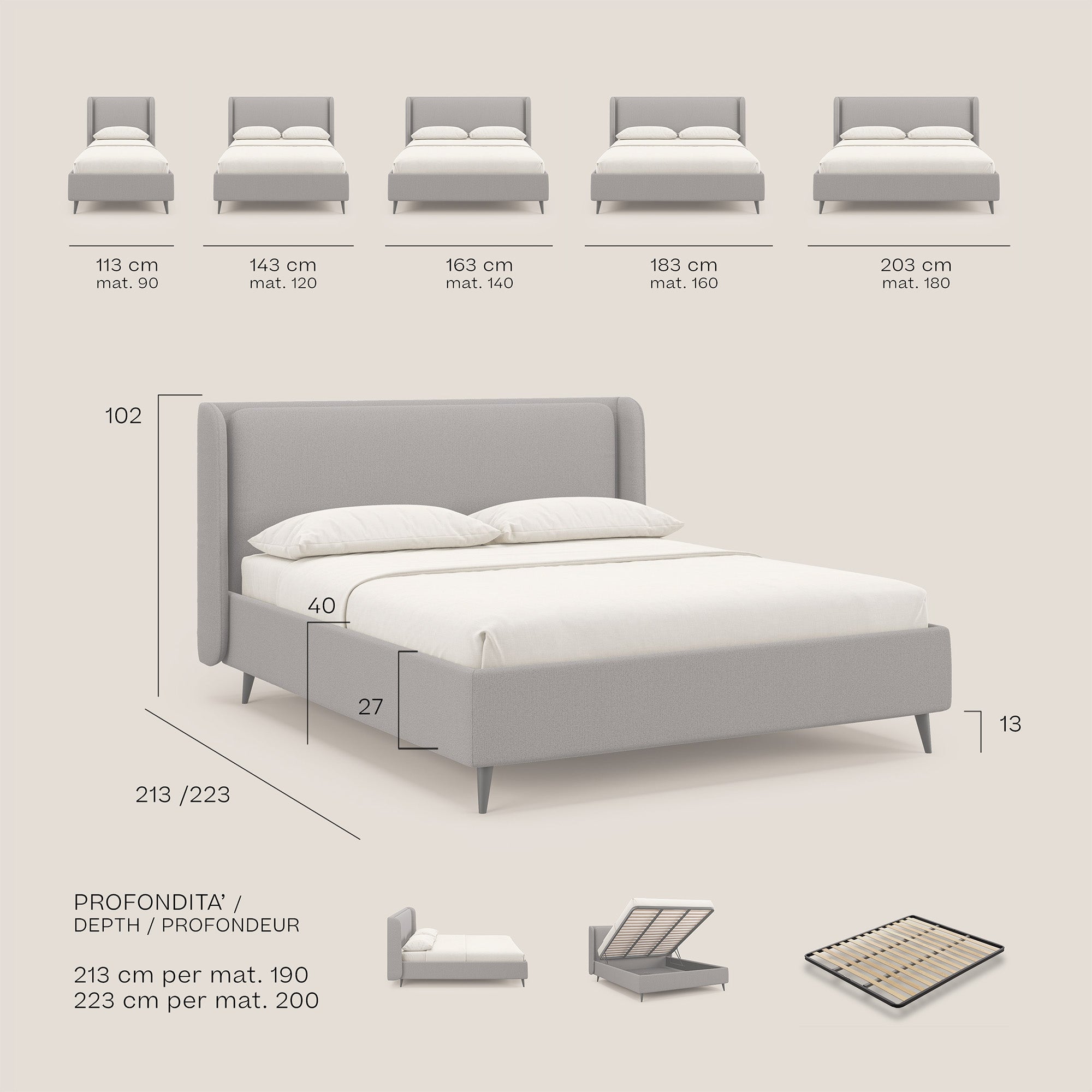 Nadine letto contenitore di design e comfort Italiano in tessuto impermeabile T19 panna - divani.store