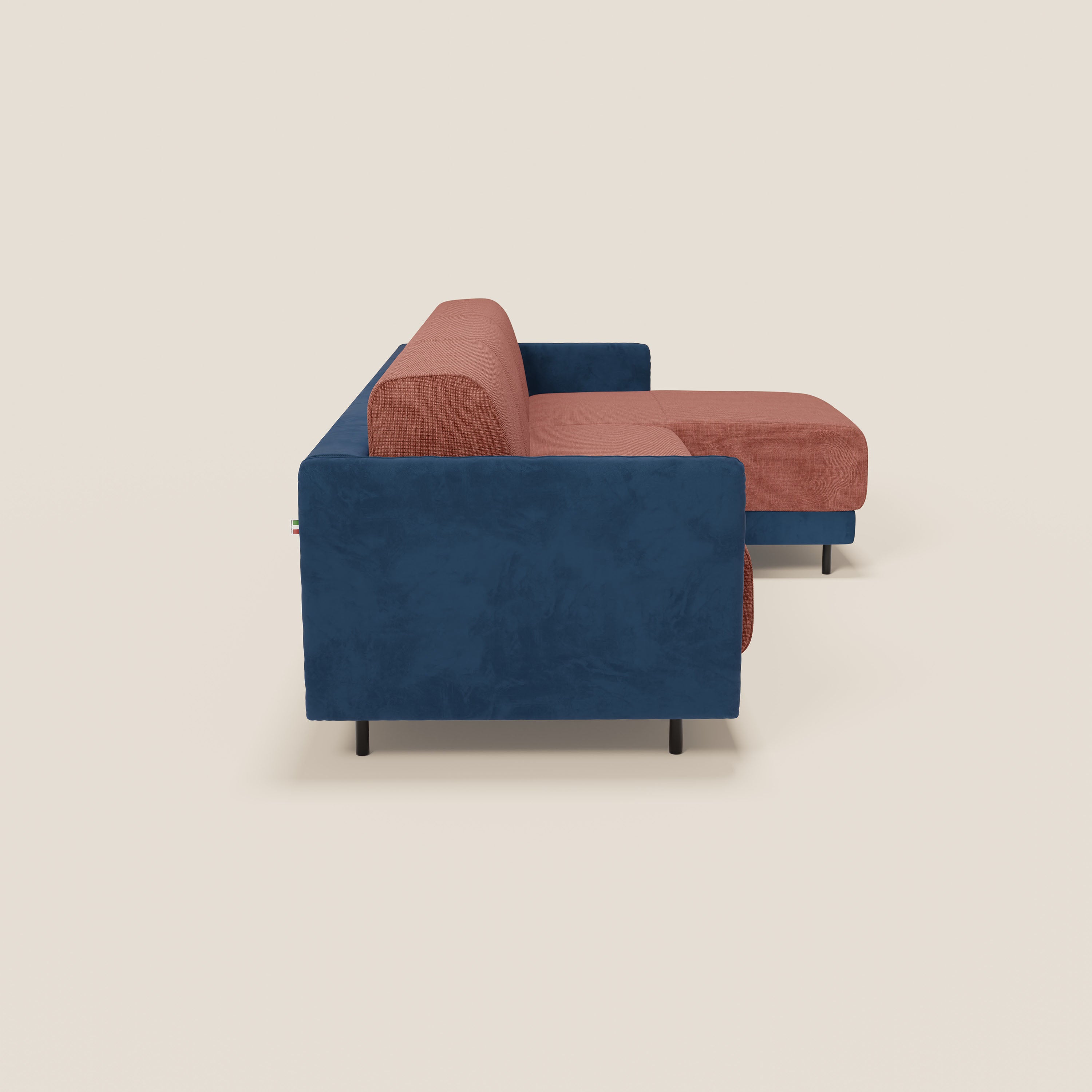 Narciso divano letto angolare con materasso alto 18 cm e penisola contenitore in tessuto bicolore impermeabile T11 e T06 - divani.store