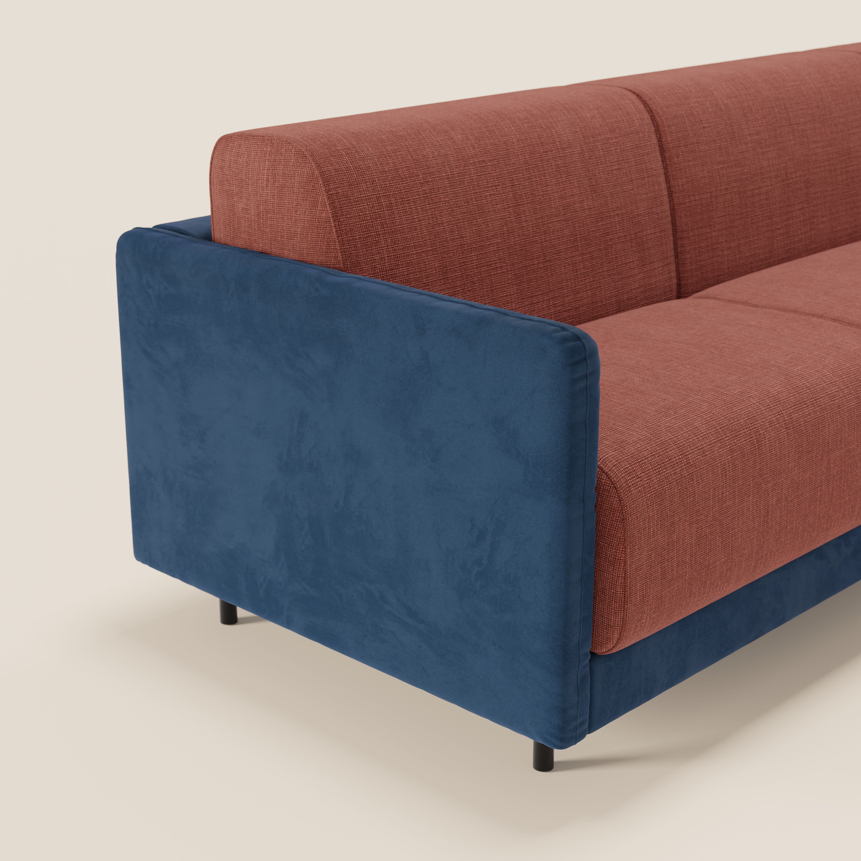 Narciso divano letto angolare con materasso alto 18 cm e penisola contenitore in tessuto bicolore impermeabile T11 e T06 - divani.store