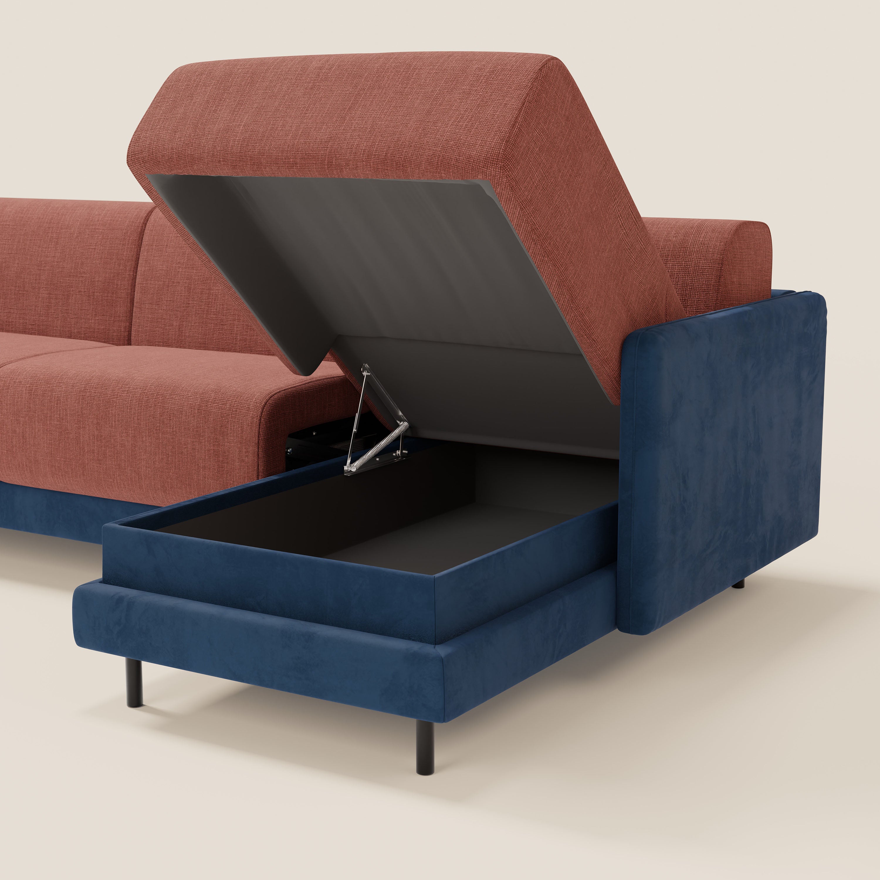 Narciso divano letto angolare con materasso alto 18 cm e penisola contenitore in tessuto bicolore impermeabile T11 e T06 - divani.store