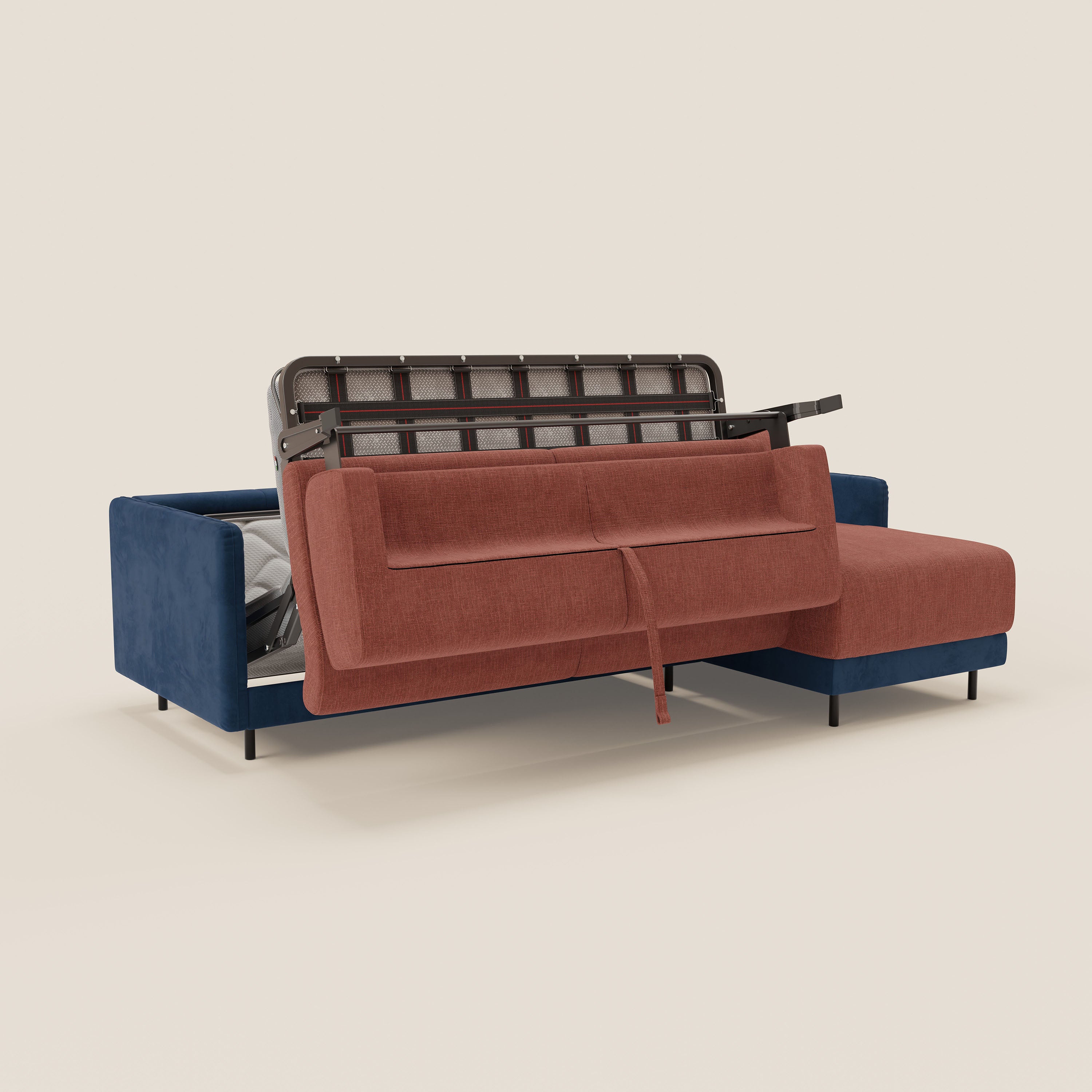 Narciso divano letto angolare con materasso alto 18 cm e penisola contenitore in tessuto bicolore impermeabile T11 e T06 - divani.store