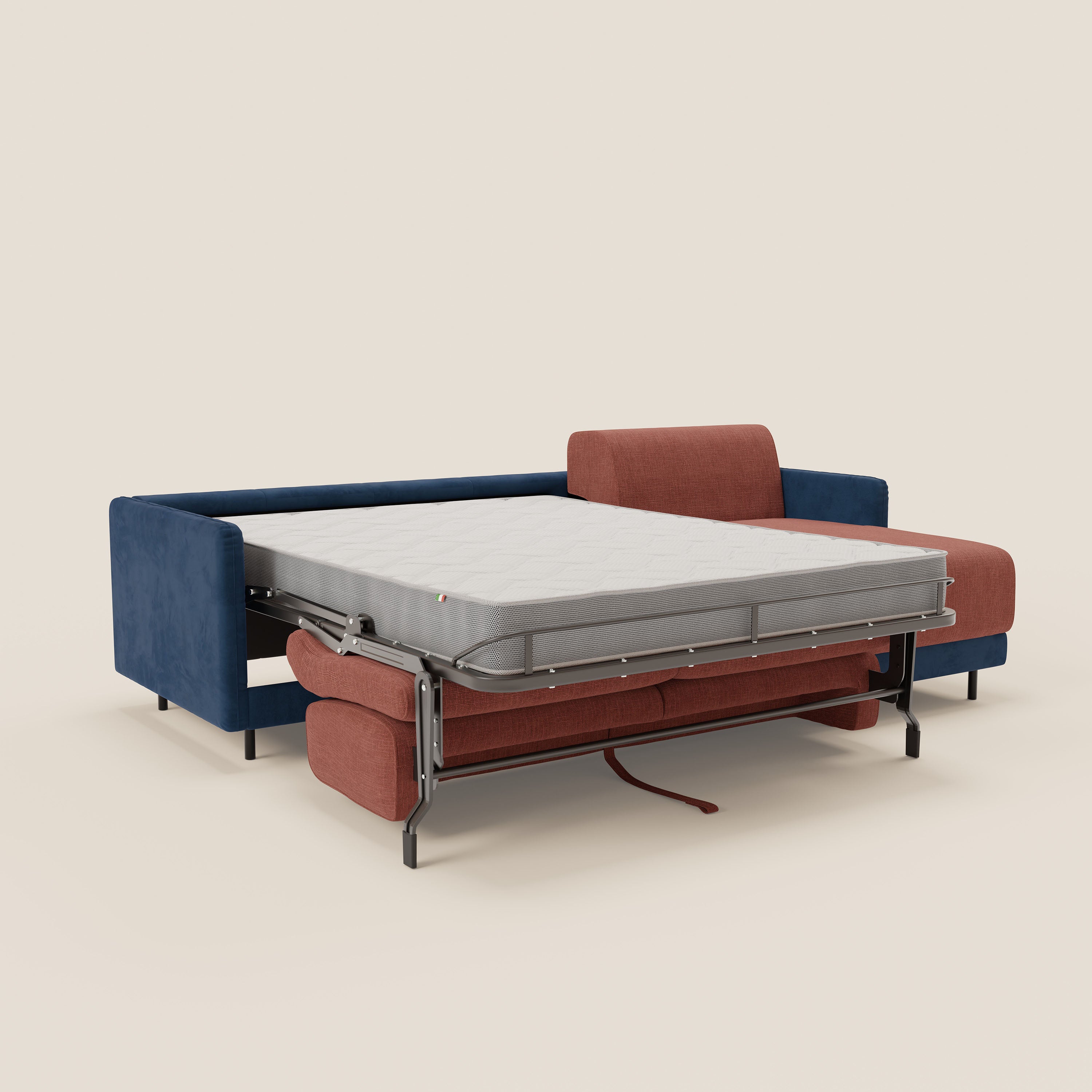 Narciso divano letto angolare con materasso alto 18 cm e penisola contenitore in tessuto bicolore impermeabile T11 e T06 - divani.store