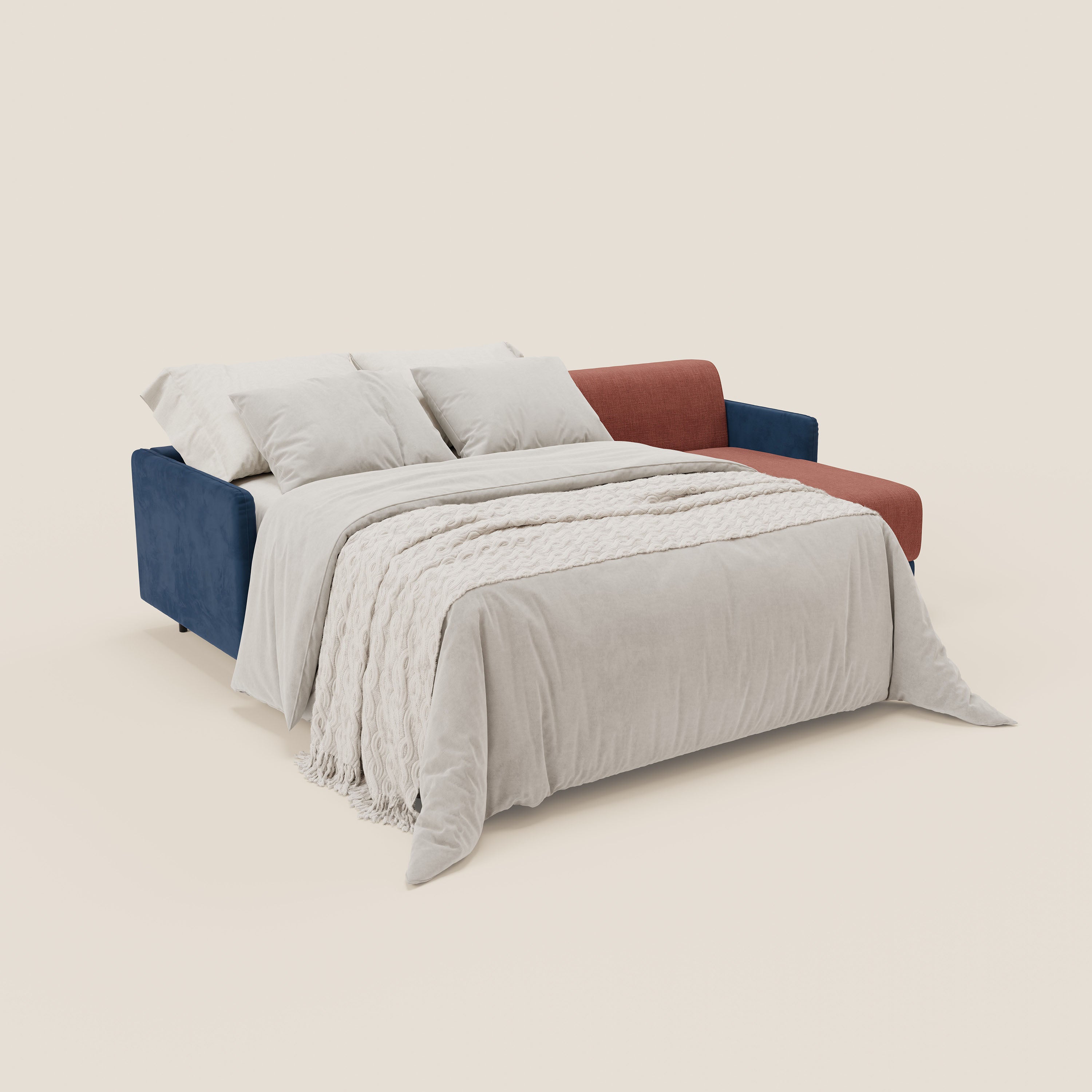 Narciso divano letto angolare con materasso alto 18 cm e penisola contenitore in tessuto bicolore impermeabile T11 e T06 - divani.store