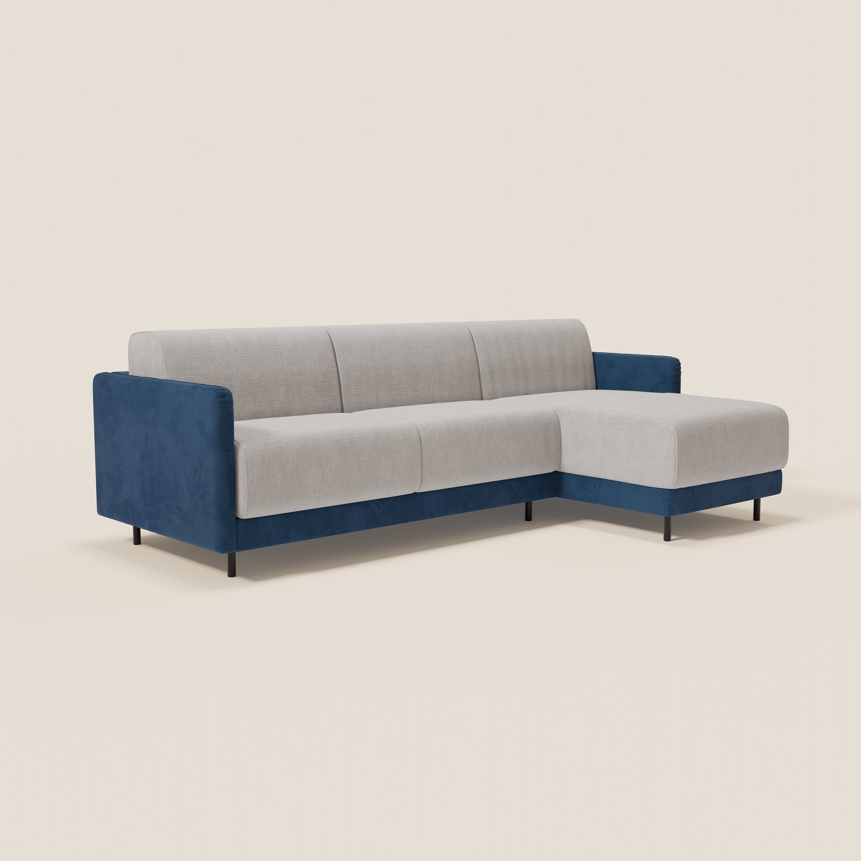 Narciso divano letto angolare con materasso alto 18 cm e penisola contenitore in tessuto bicolore impermeabile T11 e T06 - divani.store