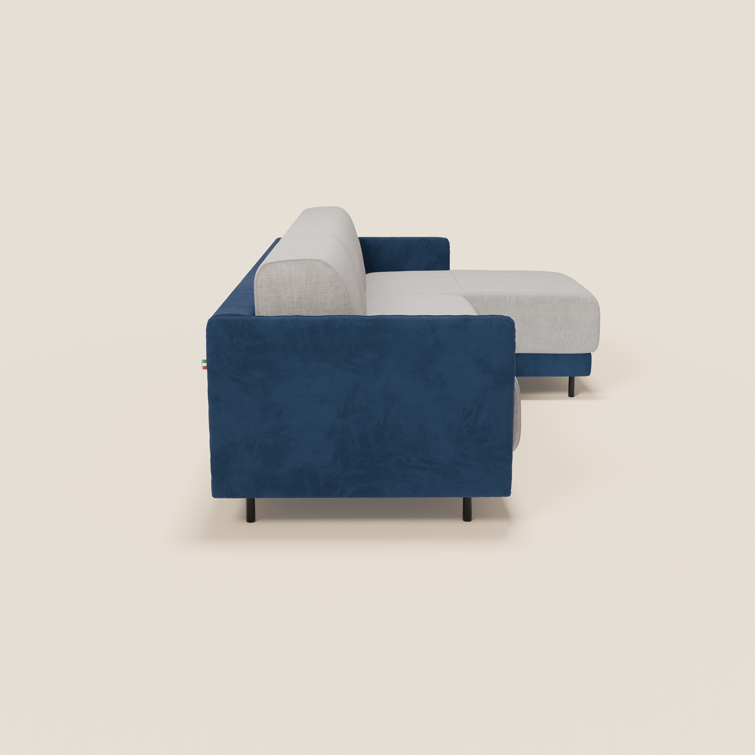 Narciso divano letto angolare con materasso alto 18 cm e penisola contenitore in tessuto bicolore impermeabile T11 e T06 - divani.store