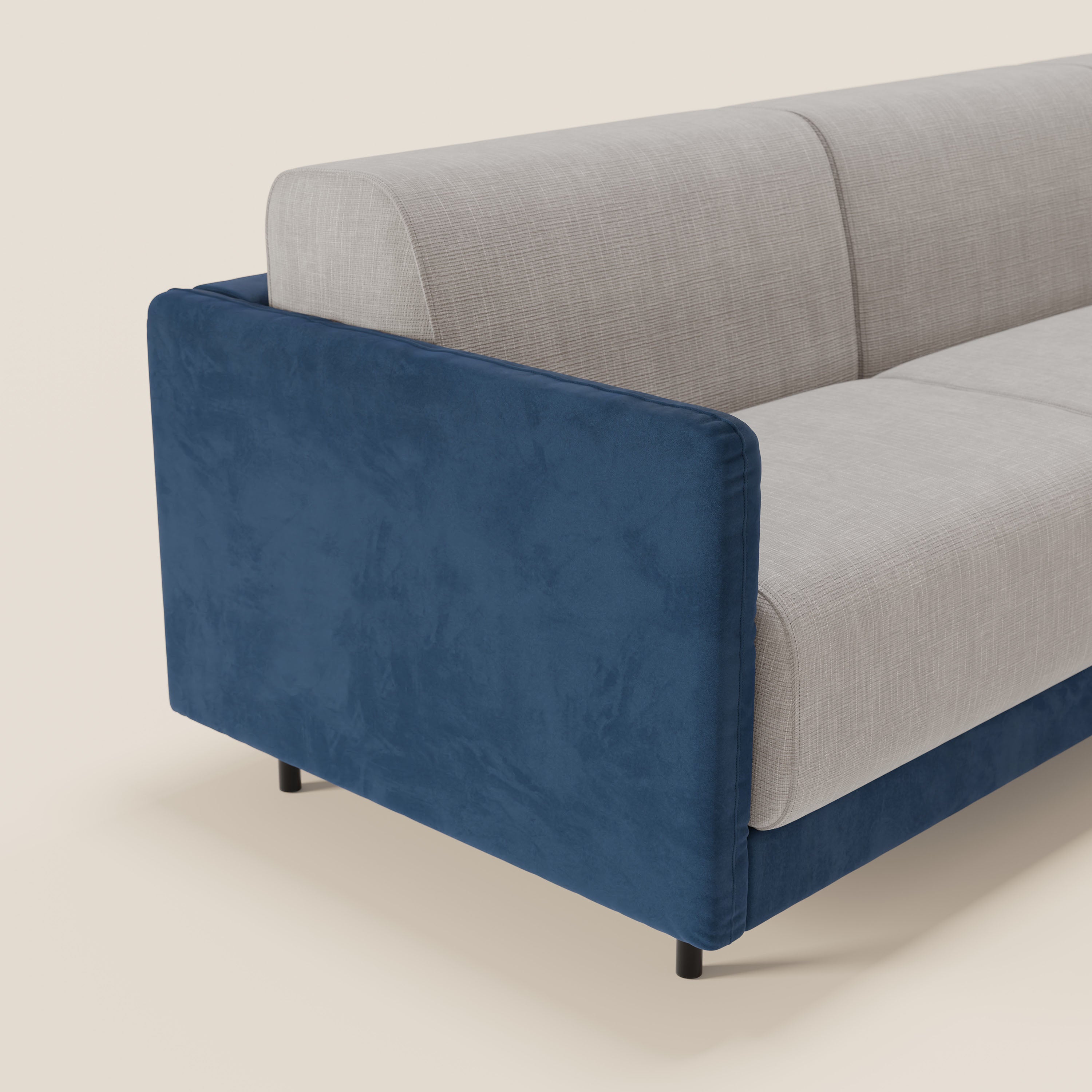 Narciso divano letto angolare con materasso alto 18 cm e penisola contenitore in tessuto bicolore impermeabile T11 e T06 - divani.store