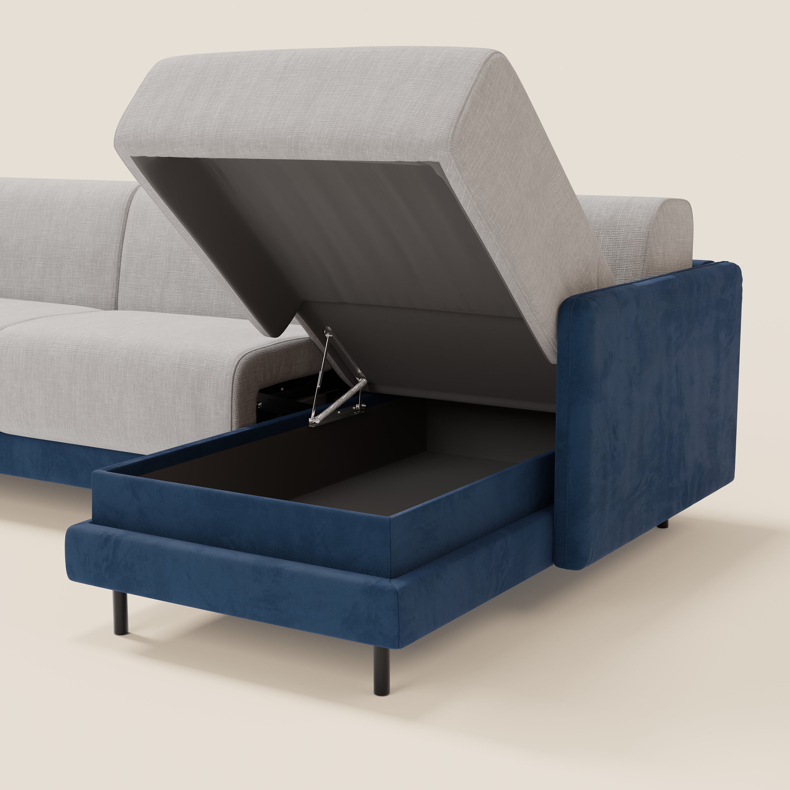 Narciso divano letto angolare con materasso alto 18 cm e penisola contenitore in tessuto bicolore impermeabile T11 e T06 - divani.store