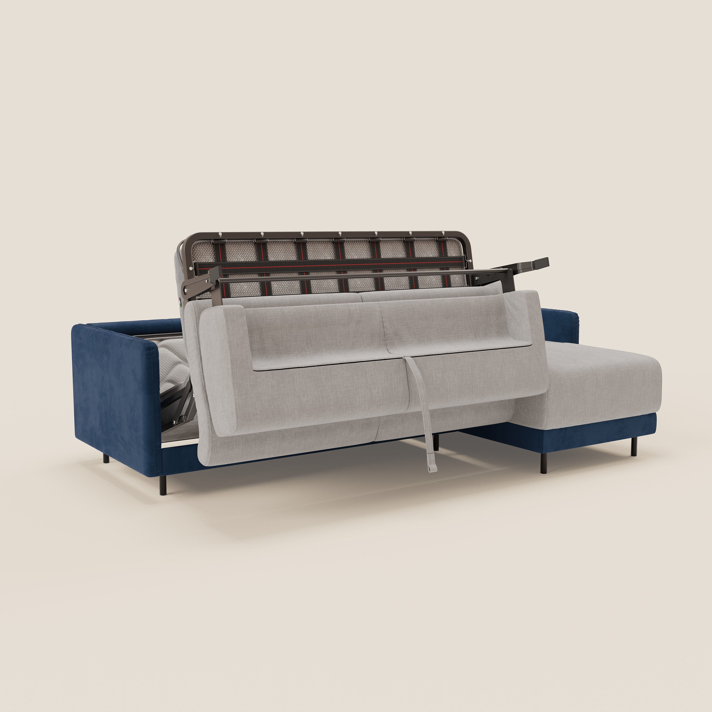 Narciso divano letto angolare con materasso alto 18 cm e penisola contenitore in tessuto bicolore impermeabile T11 e T06 - divani.store