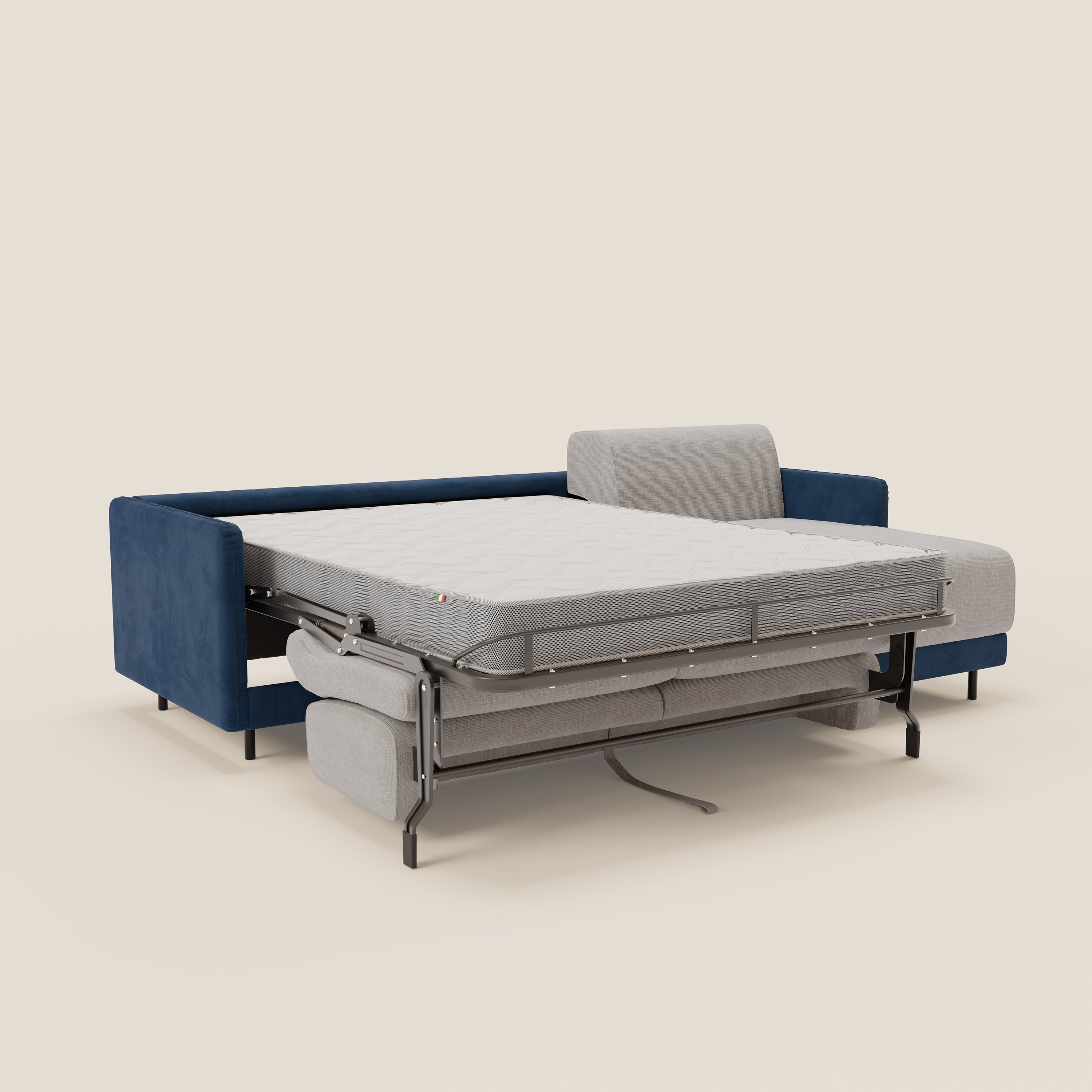 Narciso divano letto angolare con materasso alto 18 cm e penisola contenitore in tessuto bicolore impermeabile T11 e T06 - divani.store