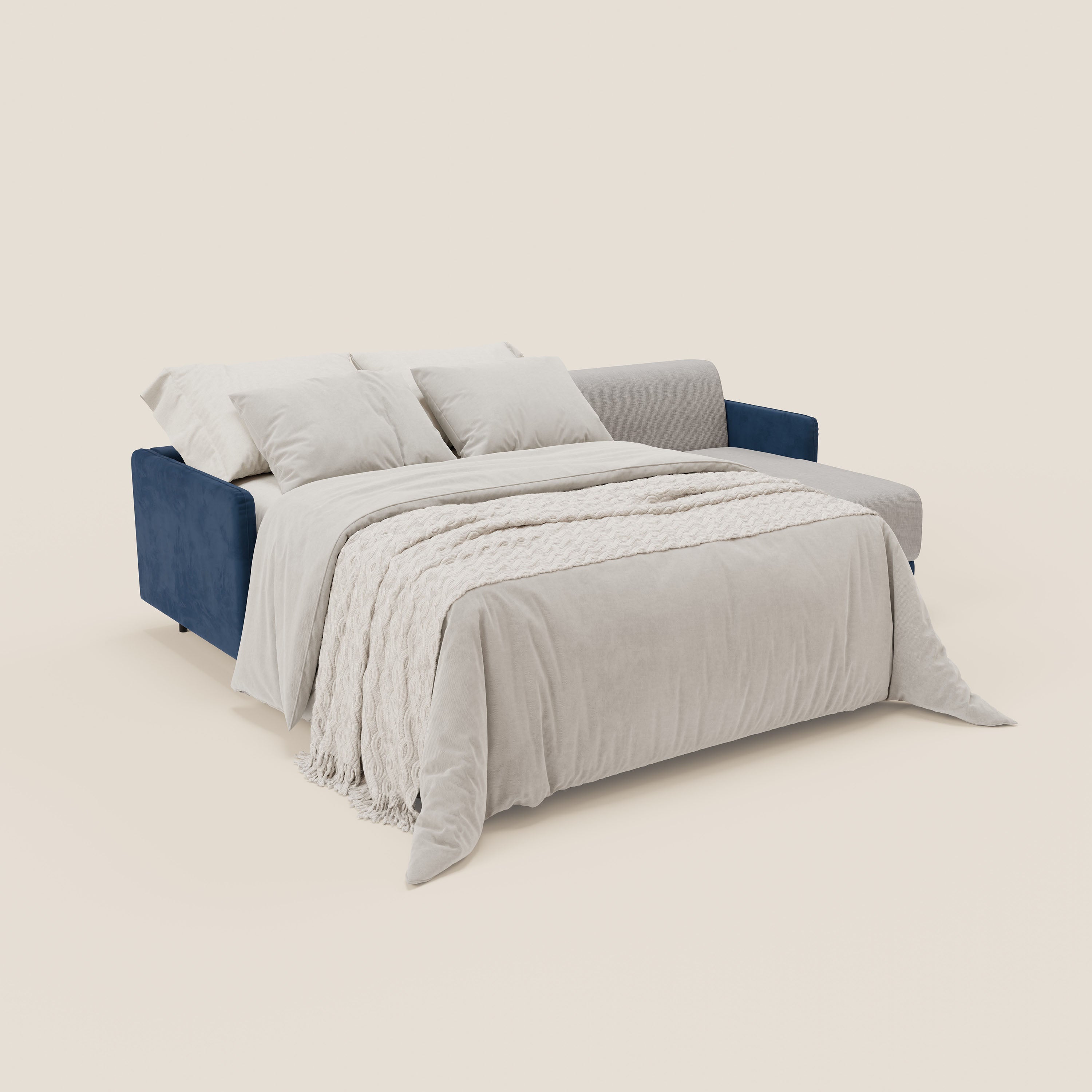 Narciso divano letto angolare con materasso alto 18 cm e penisola contenitore in tessuto bicolore impermeabile T11 e T06 - divani.store