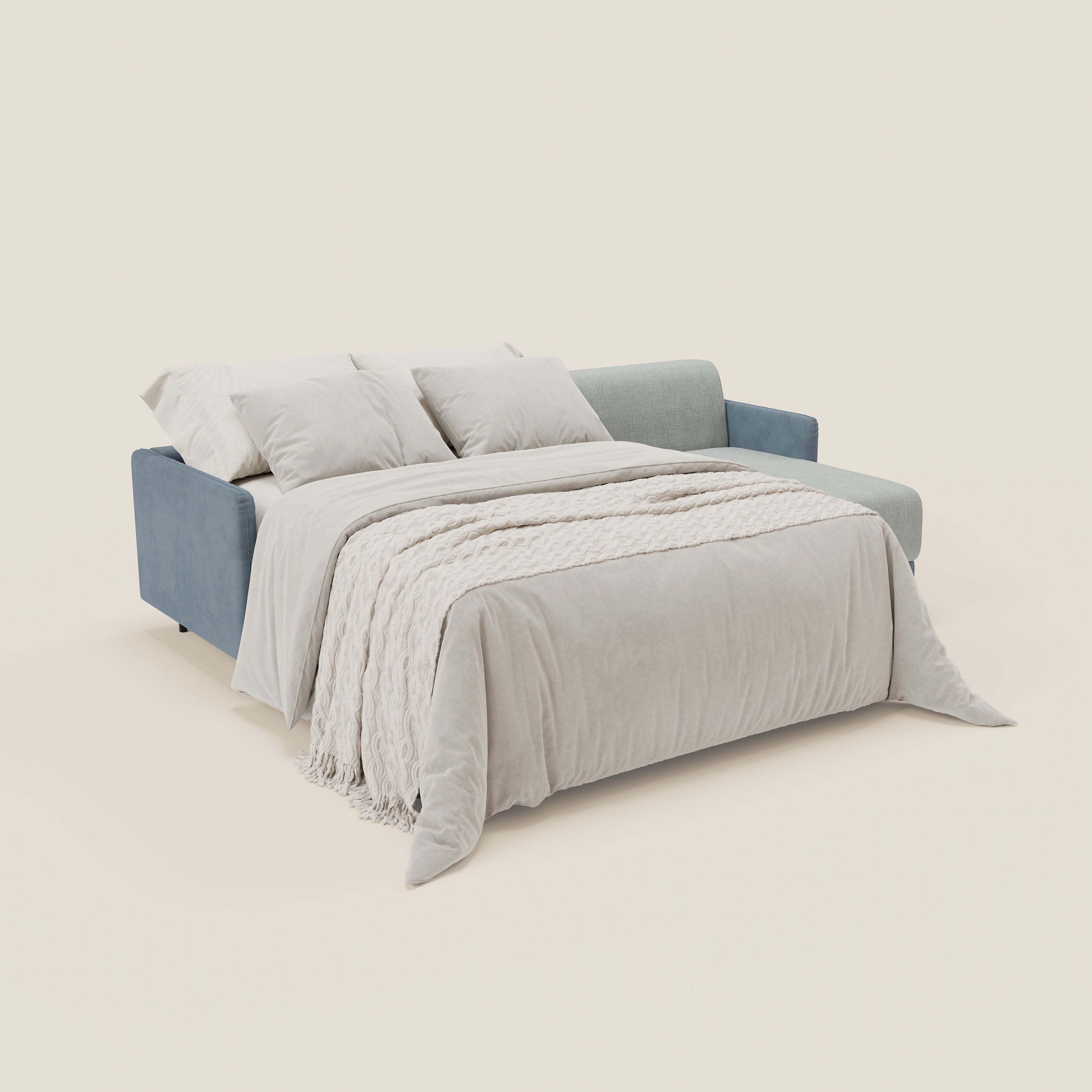 Narciso divano letto angolare con materasso alto 18 cm e penisola contenitore in tessuto bicolore impermeabile T11 e T06 - divani.store