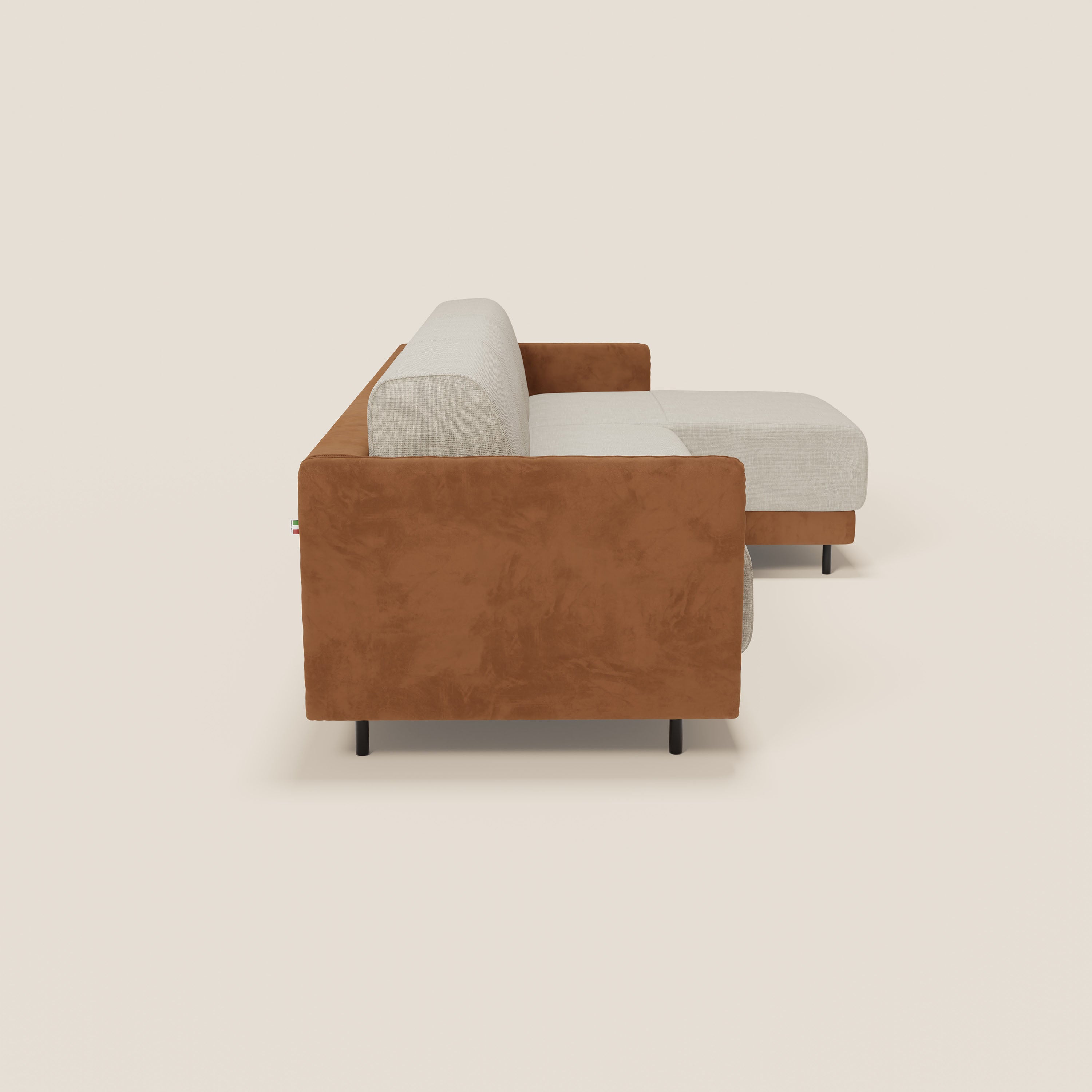 Narciso divano letto angolare con materasso alto 18 cm e penisola contenitore in tessuto bicolore impermeabile T11 e T06 - divani.store