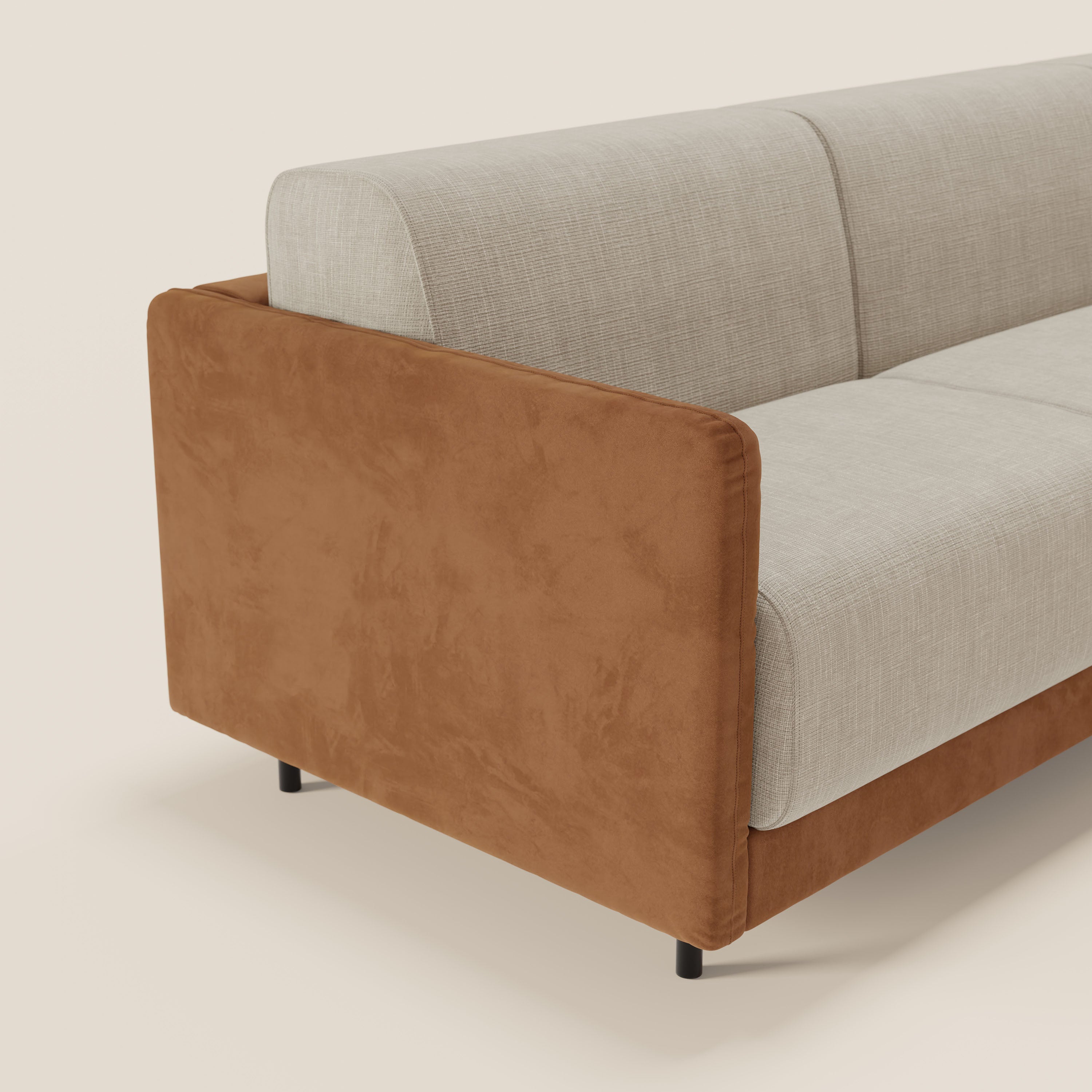 Narciso divano letto angolare con materasso alto 18 cm e penisola contenitore in tessuto bicolore impermeabile T11 e T06 - divani.store