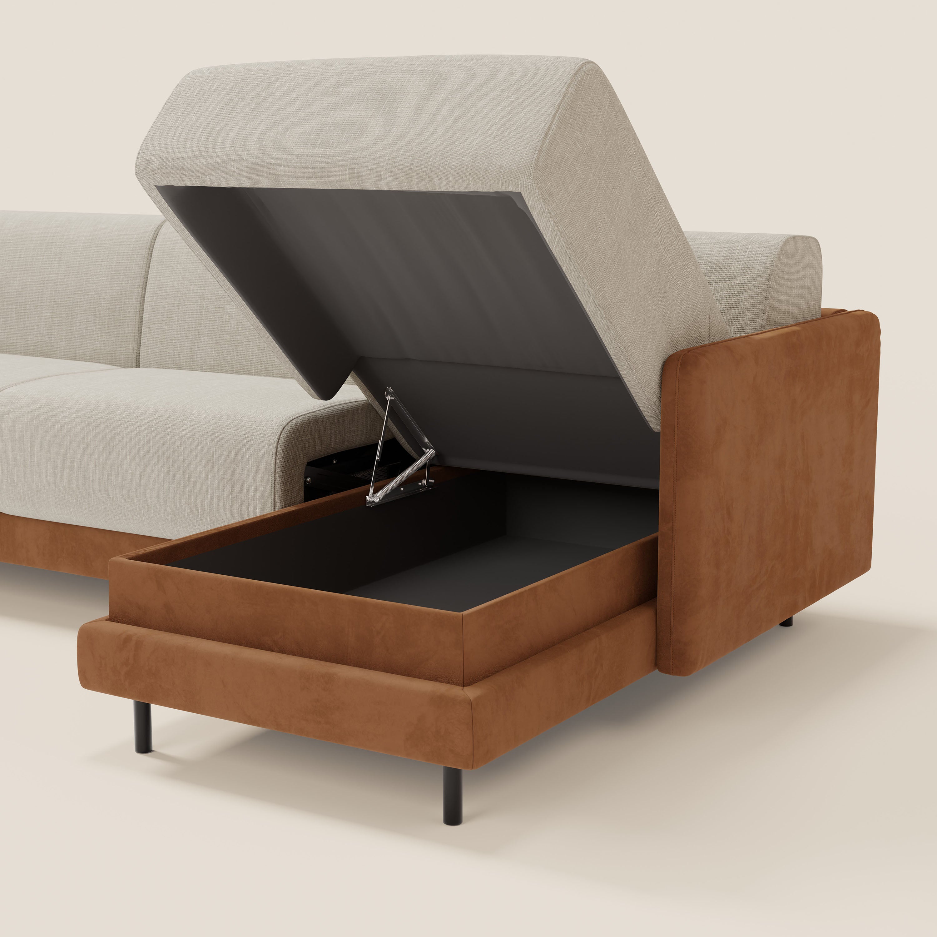 Narciso divano letto angolare con materasso alto 18 cm e penisola contenitore in tessuto bicolore impermeabile T11 e T06 - divani.store