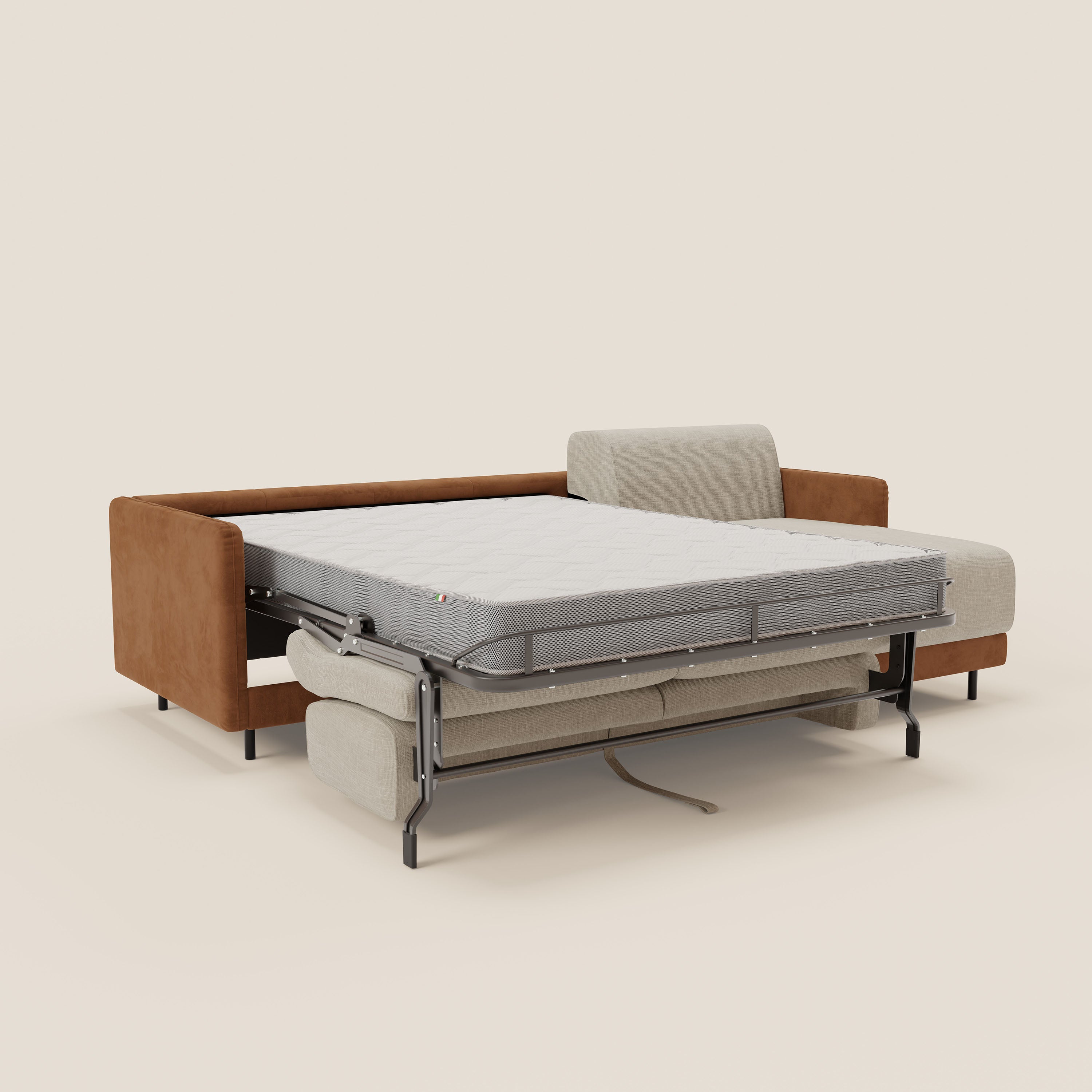 Narciso divano letto angolare con materasso alto 18 cm e penisola contenitore in tessuto bicolore impermeabile T11 e T06 - divani.store