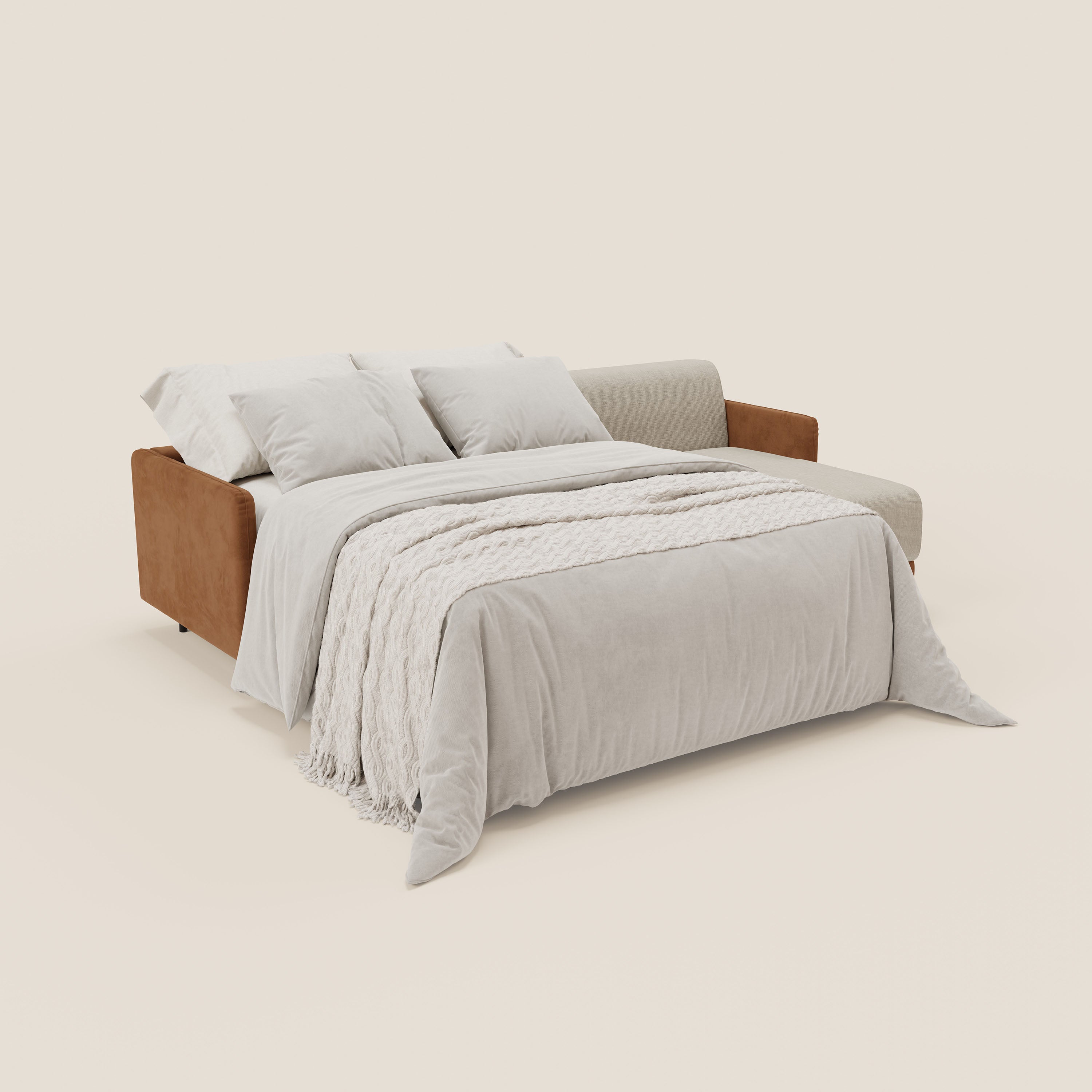 Narciso divano letto angolare con materasso alto 18 cm e penisola contenitore in tessuto bicolore impermeabile T11 e T06 - divani.store