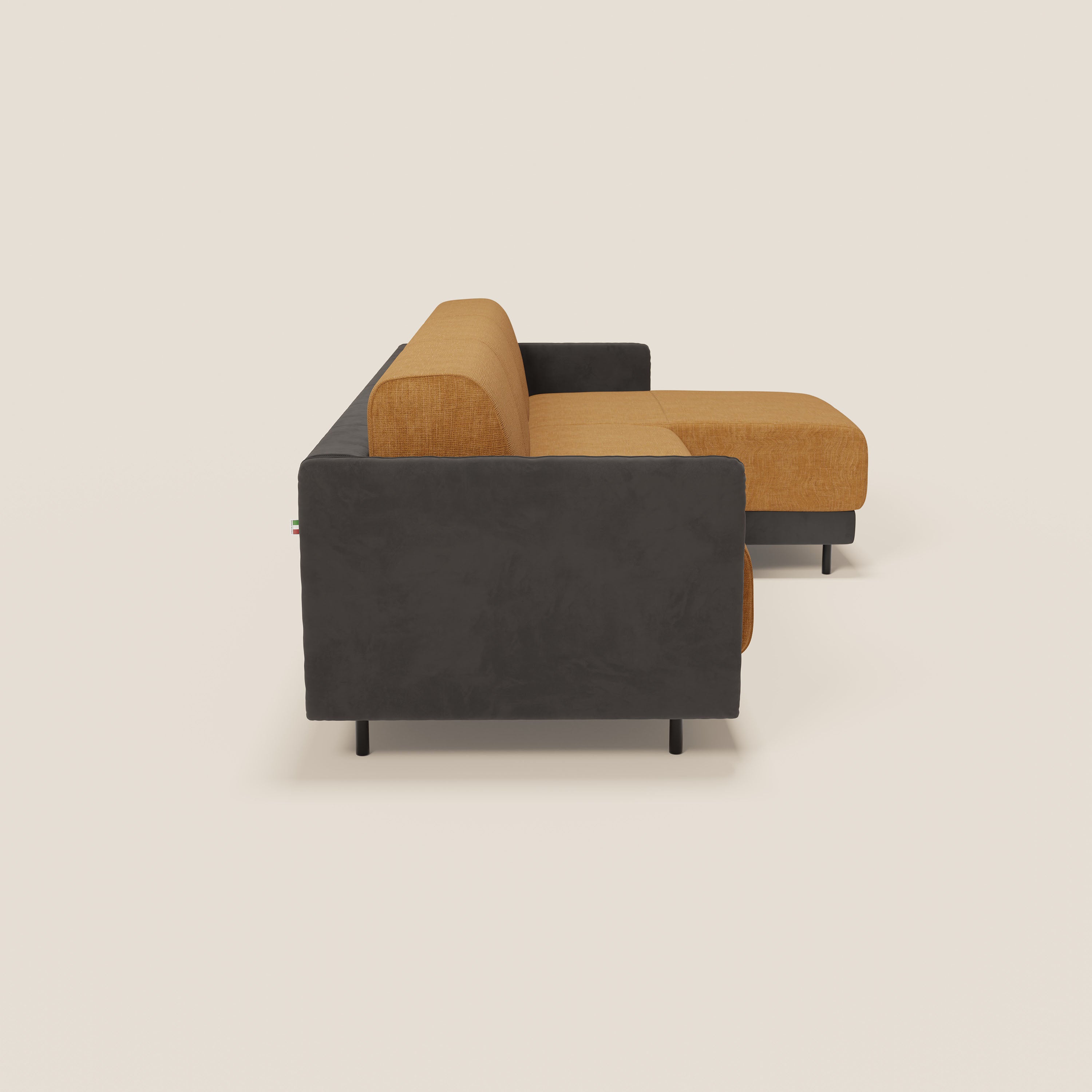 Narciso divano letto angolare con materasso alto 18 cm e penisola contenitore in tessuto bicolore impermeabile T11 e T06 - divani.store