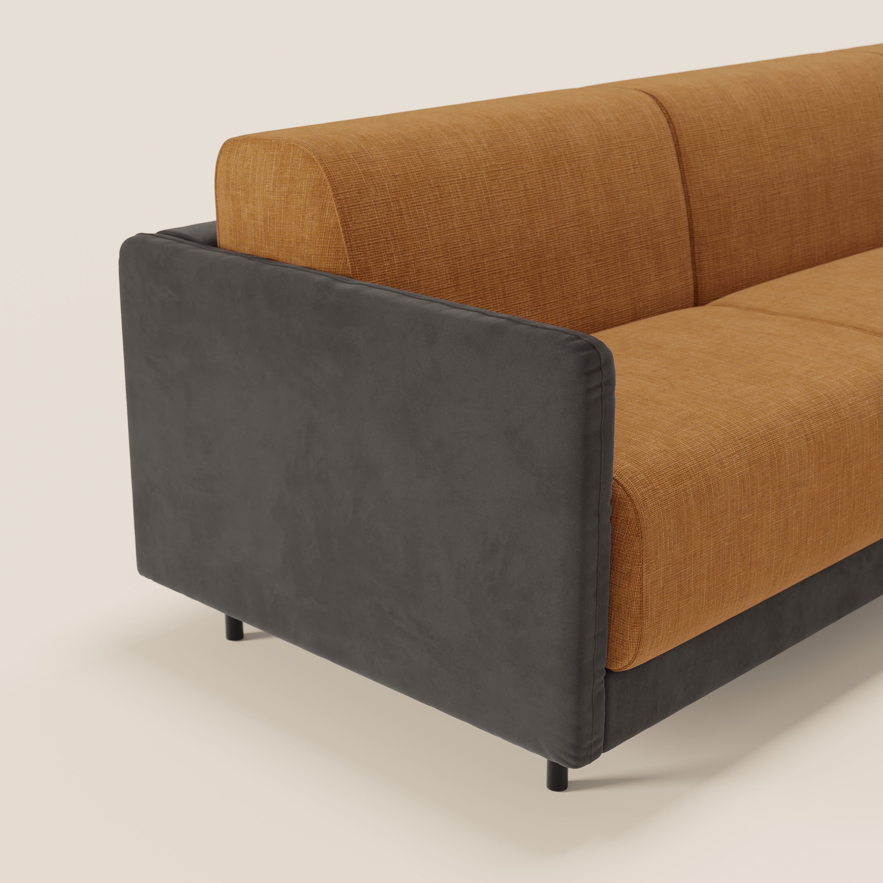 Narciso divano letto angolare con materasso alto 18 cm e penisola contenitore in tessuto bicolore impermeabile T11 e T06 - divani.store