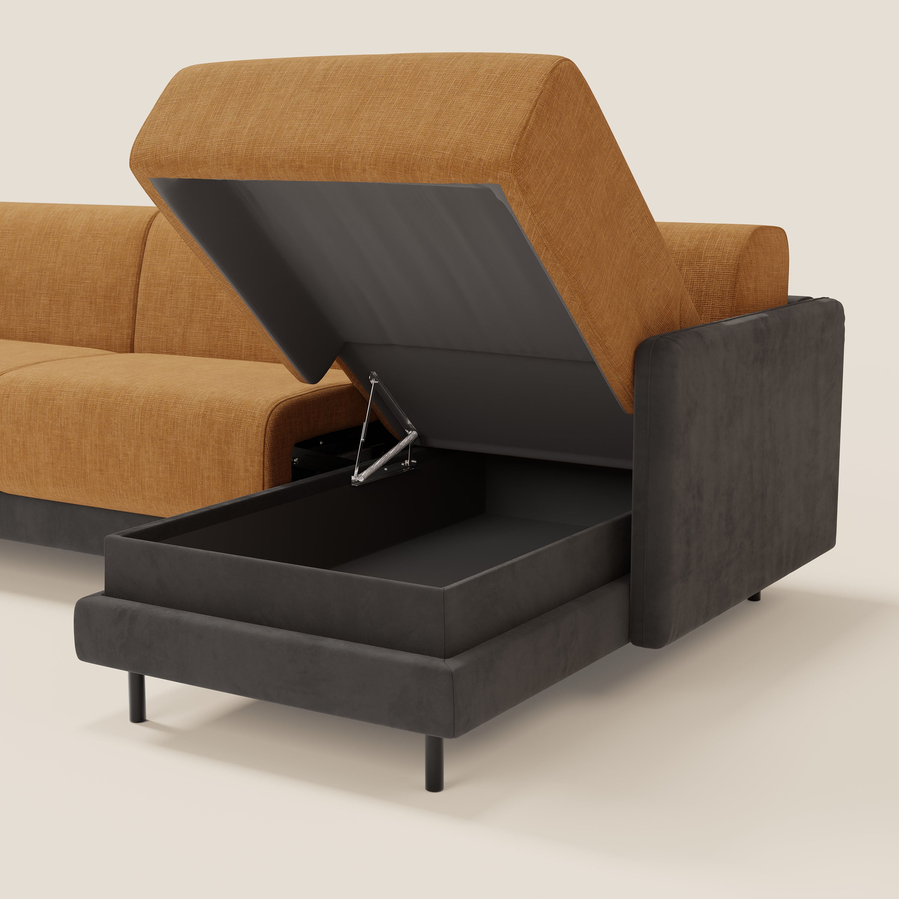 Narciso divano letto angolare con materasso alto 18 cm e penisola contenitore in tessuto bicolore impermeabile T11 e T06 - divani.store