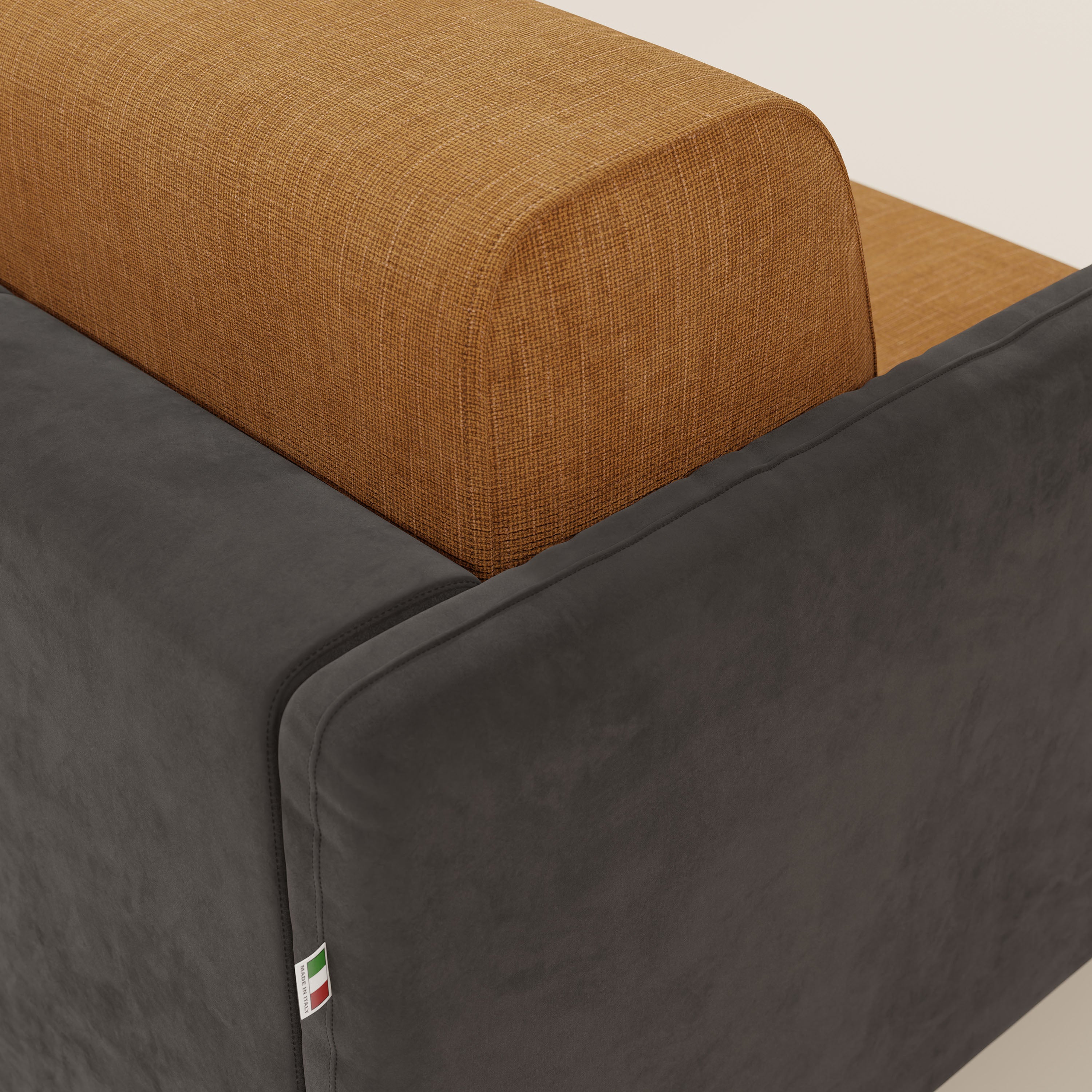 Narciso divano letto angolare con materasso alto 18 cm e penisola contenitore in tessuto bicolore impermeabile T11 e T06 - divani.store