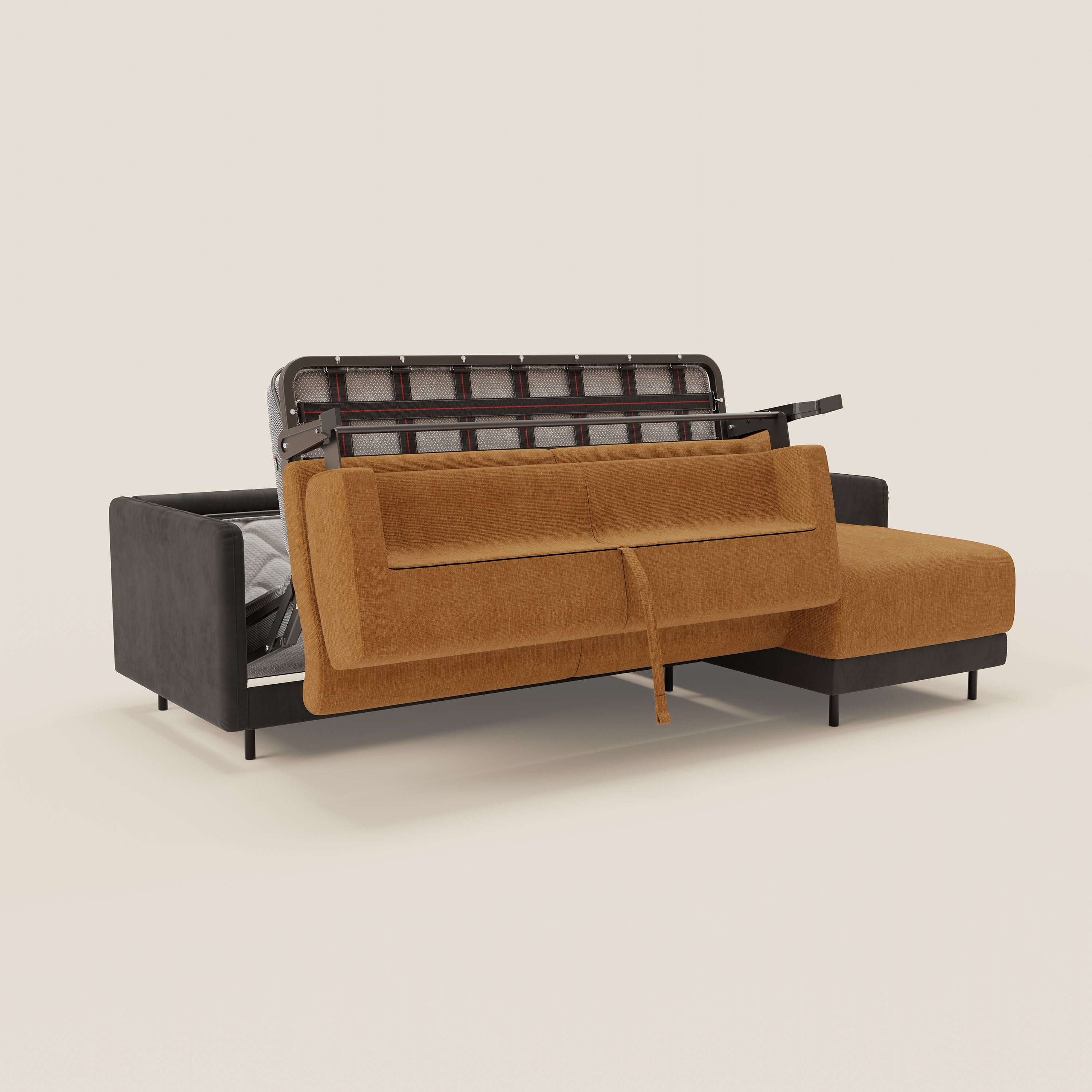 Narciso divano letto angolare con materasso alto 18 cm e penisola contenitore in tessuto bicolore impermeabile T11 e T06 - divani.store