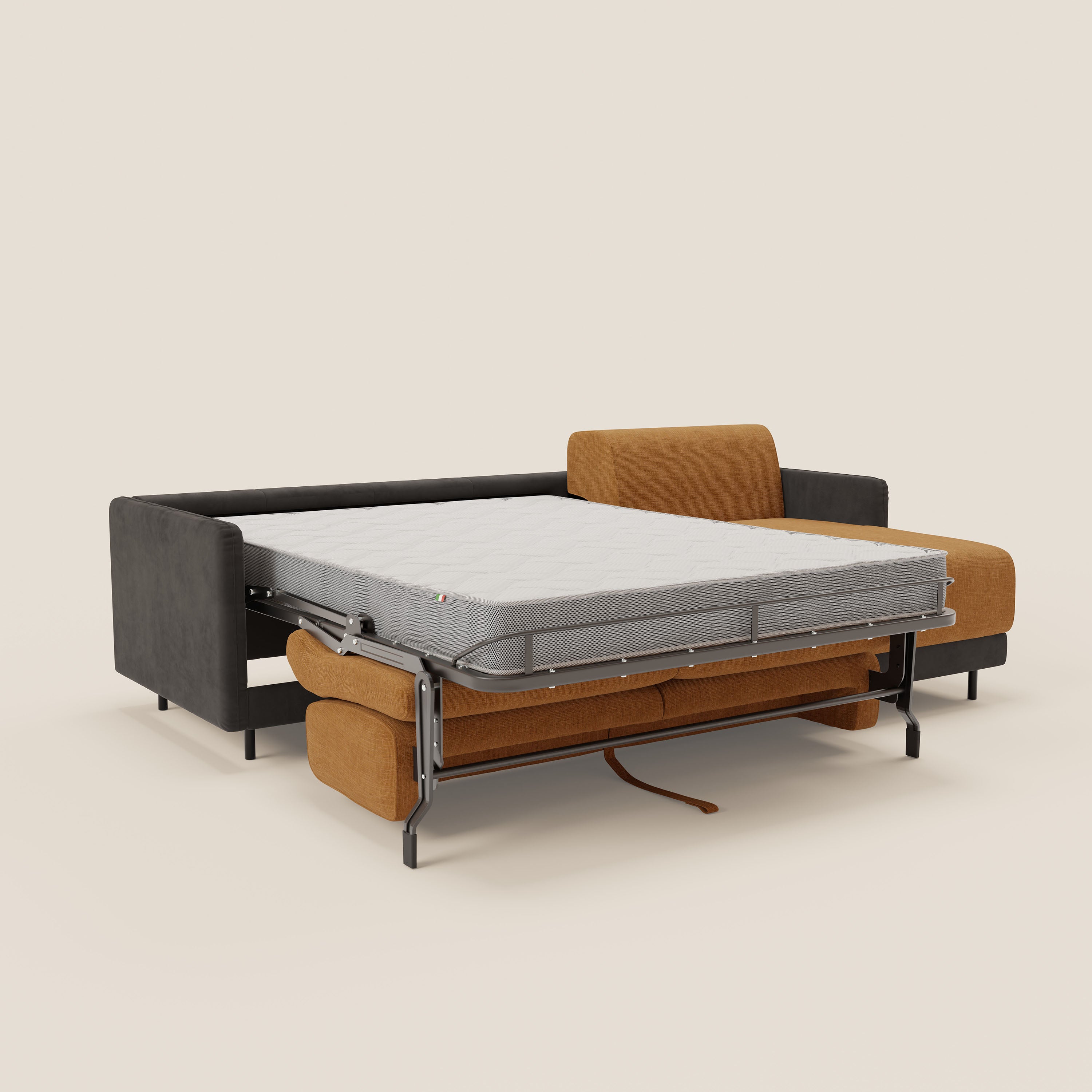 Narciso divano letto angolare con materasso alto 18 cm e penisola contenitore in tessuto bicolore impermeabile T11 e T06 - divani.store