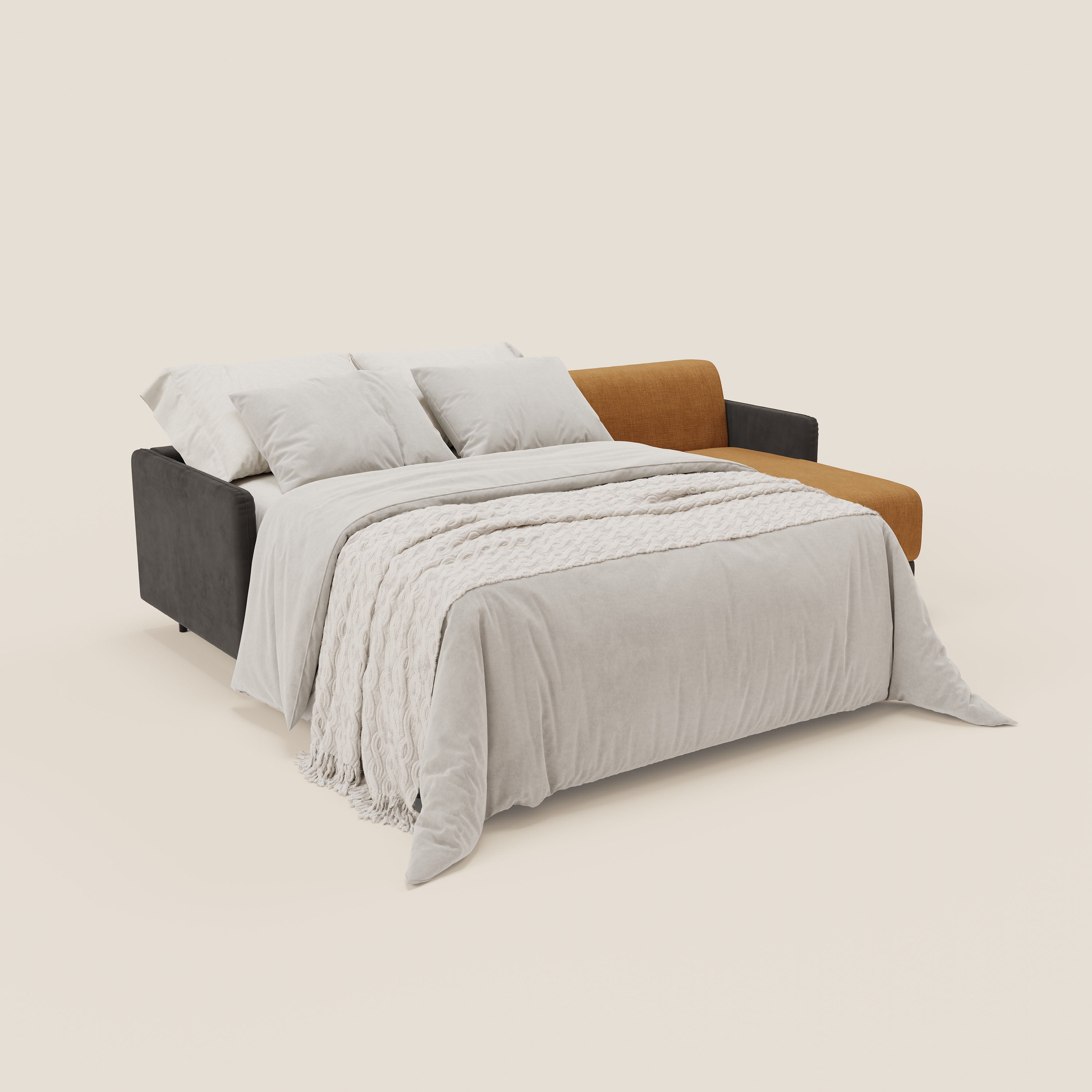 Narciso divano letto angolare con materasso alto 18 cm e penisola contenitore in tessuto bicolore impermeabile T11 e T06 - divani.store