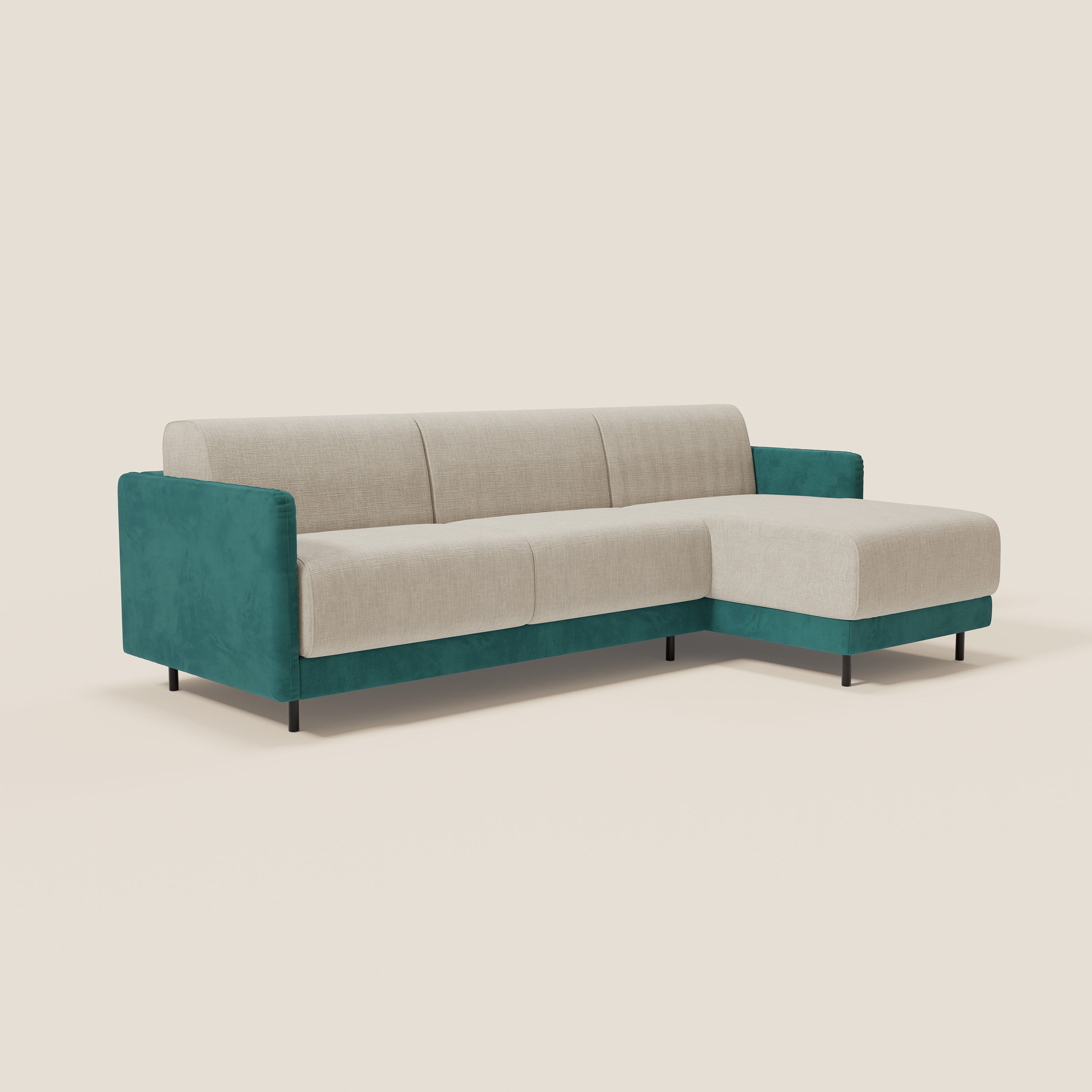 Narciso divano letto angolare con materasso alto 18 cm e penisola contenitore in tessuto bicolore impermeabile T11 e T06 - divani.store