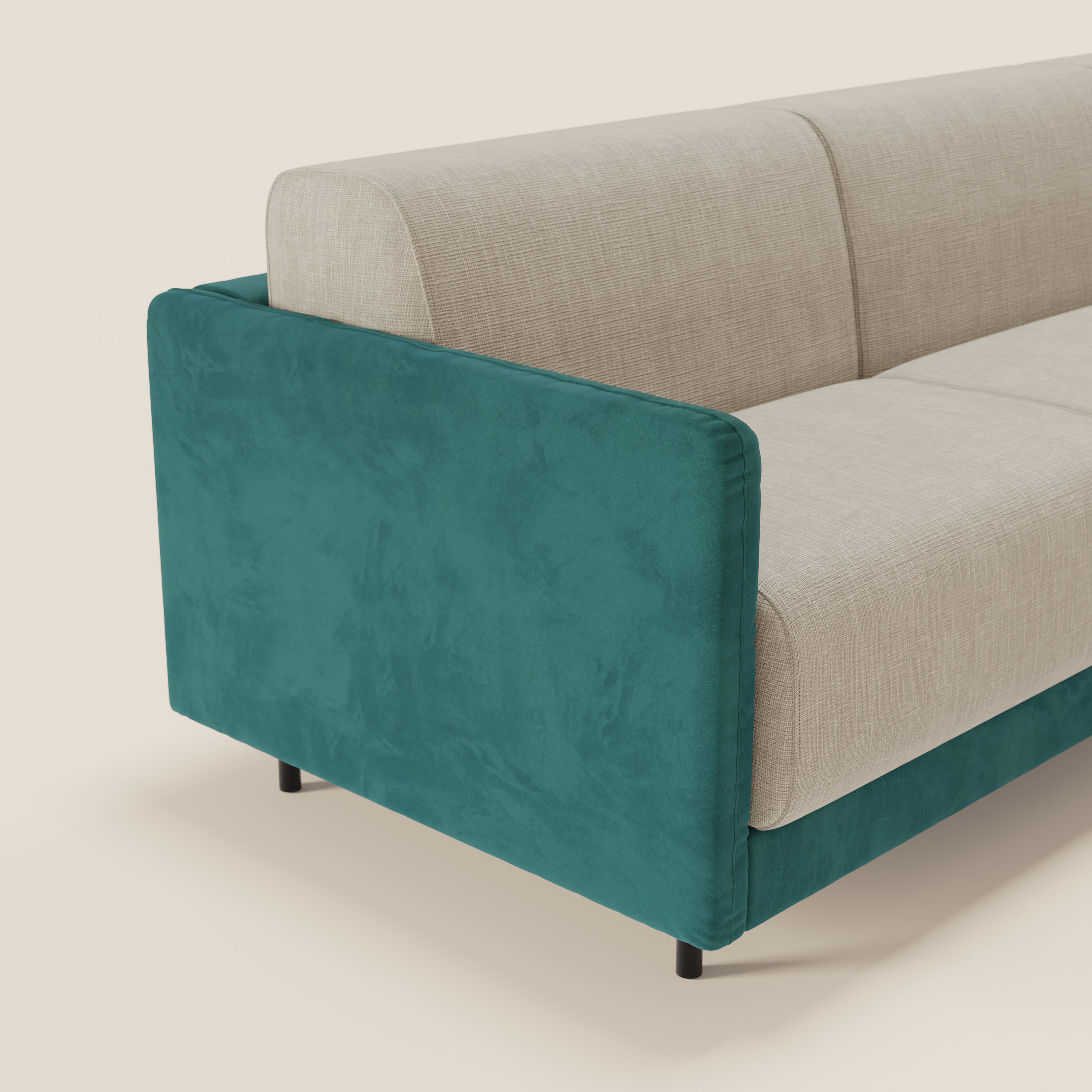 Narciso divano letto angolare con materasso alto 18 cm e penisola contenitore in tessuto bicolore impermeabile T11 e T06 - divani.store