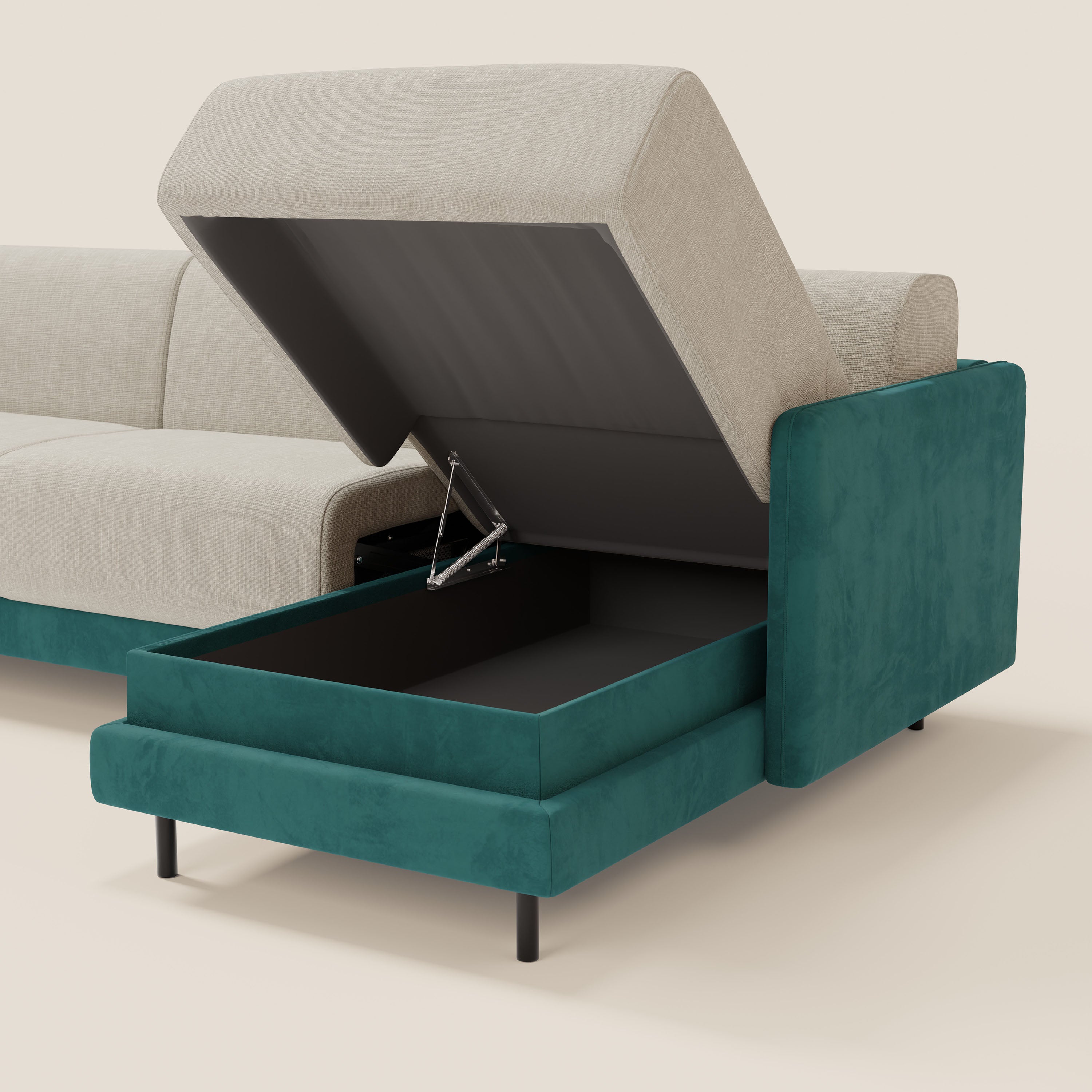 Narciso divano letto angolare con materasso alto 18 cm e penisola contenitore in tessuto bicolore impermeabile T11 e T06 - divani.store