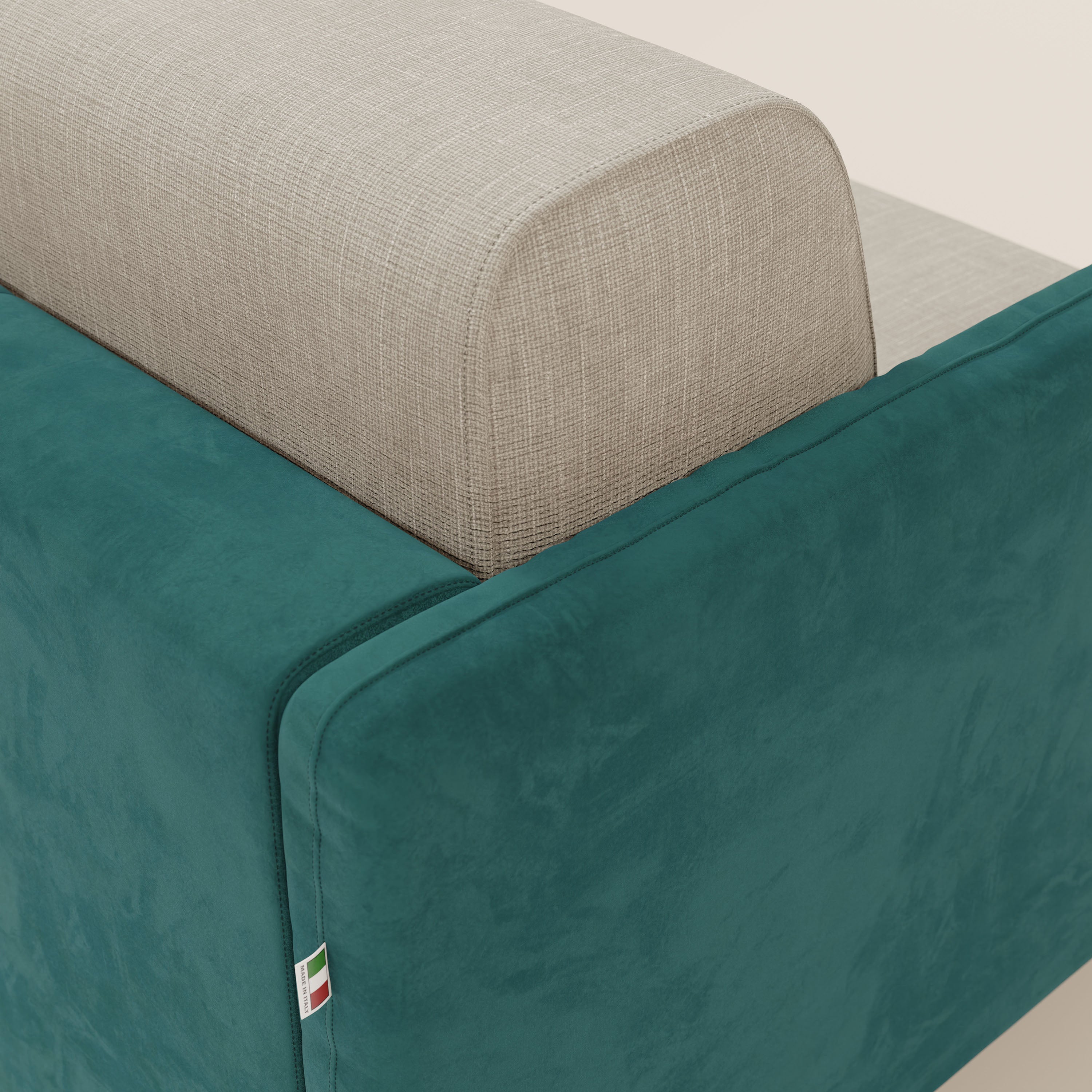 Narciso divano letto angolare con materasso alto 18 cm e penisola contenitore in tessuto bicolore impermeabile T11 e T06 - divani.store